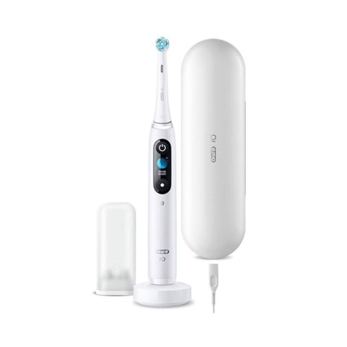 Biała szczoteczka elektryczna ze stacją ładującą, etui i kablem.