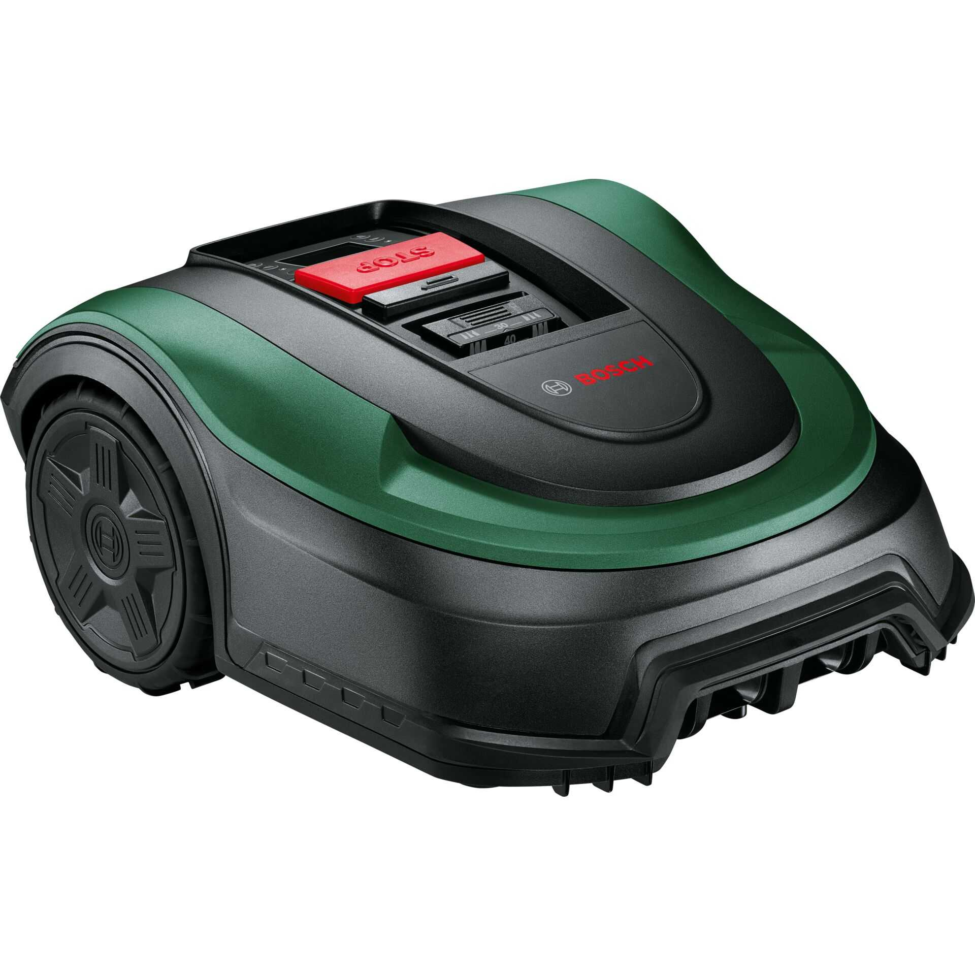A green and black robotic lawn mower with a red stop button.