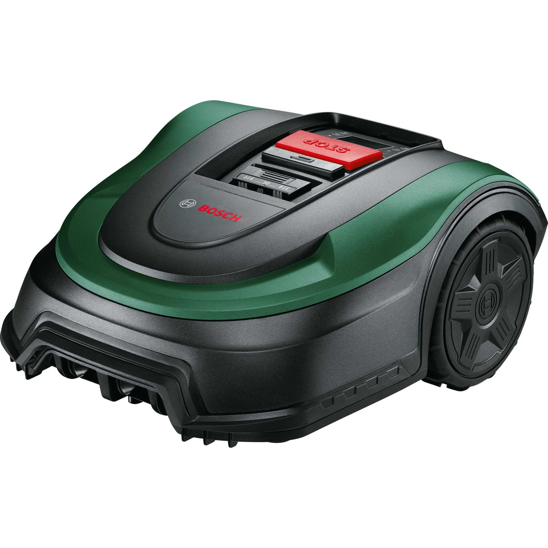 A green and black robotic lawn mower with a red stop button.