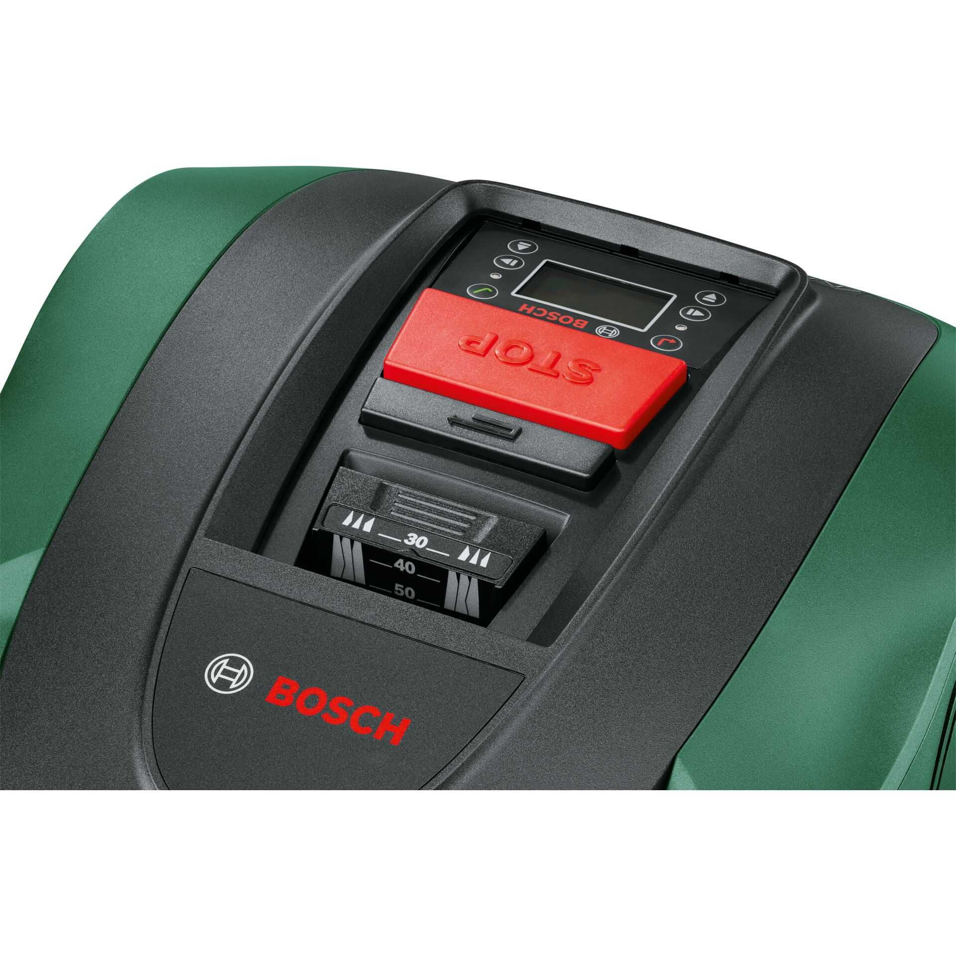 Close-up of a green and black robotic lawn mower with a red stop button.