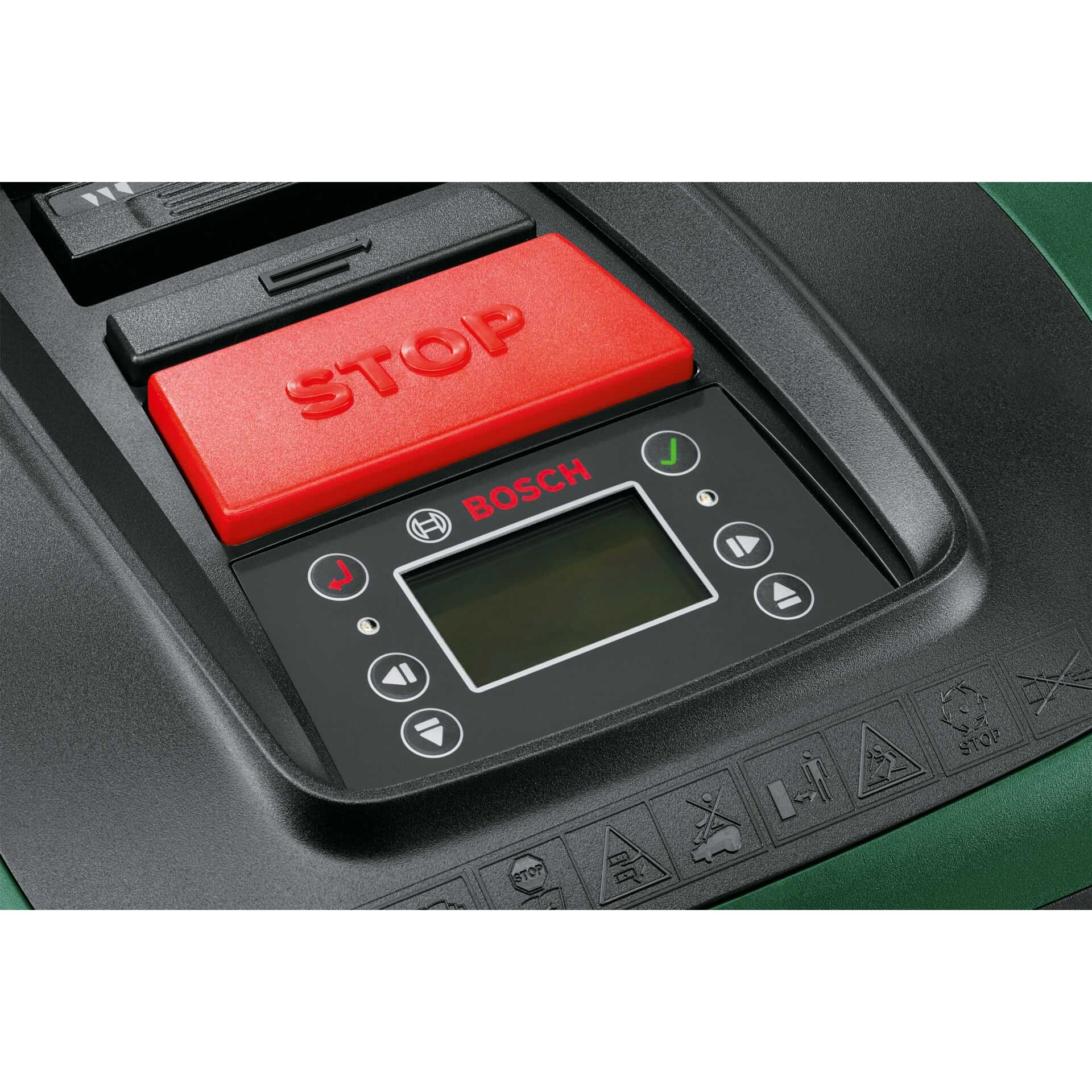 Black control panel of a lawnmower robot with a red stop button and display.