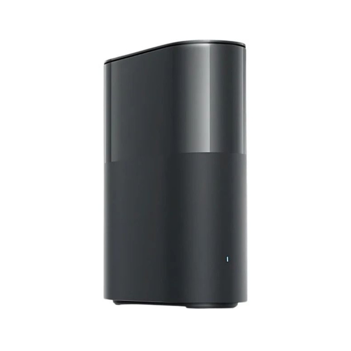 Een donkere, cilindrische router met een klein blauw lampje aan de voorkant.