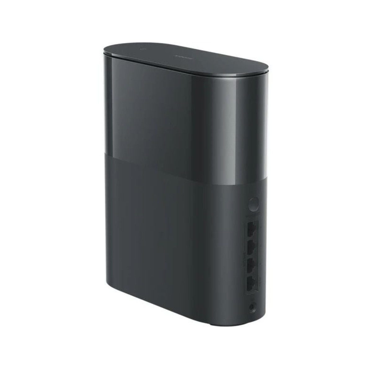 Een zwarte, rechthoekige router met afgeronde randen en Ethernet-poorten aan de zijkant.