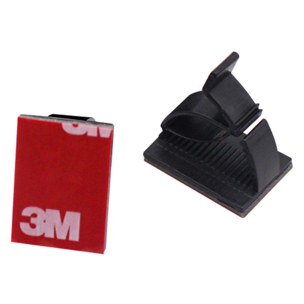 Ein schwarzer Kabelclip mit Klebeband und ein rotes 3M-Klebeband.