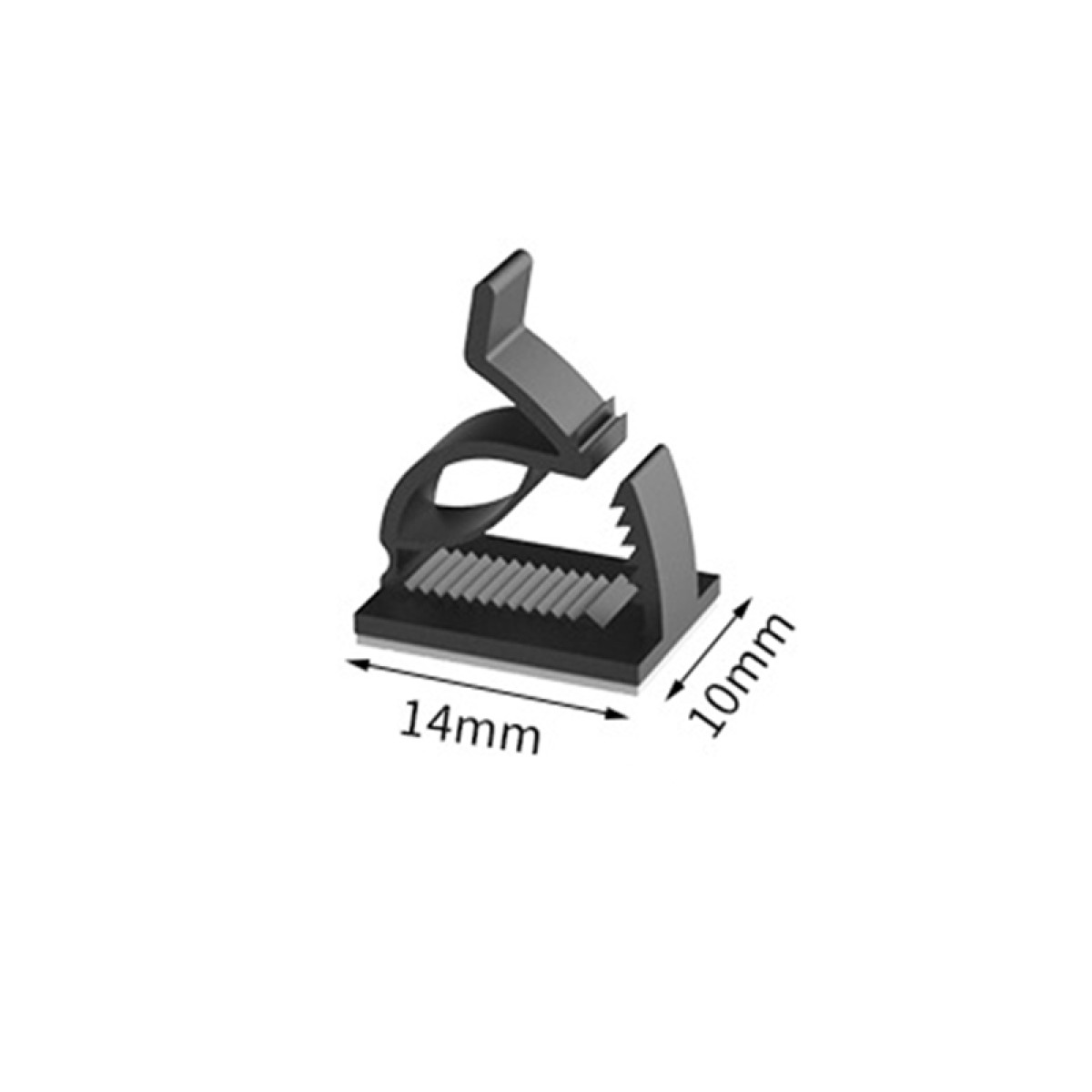 Schwarzer Kunststoffclip mit Zahnung, 14mm breit, 10mm hoch.
