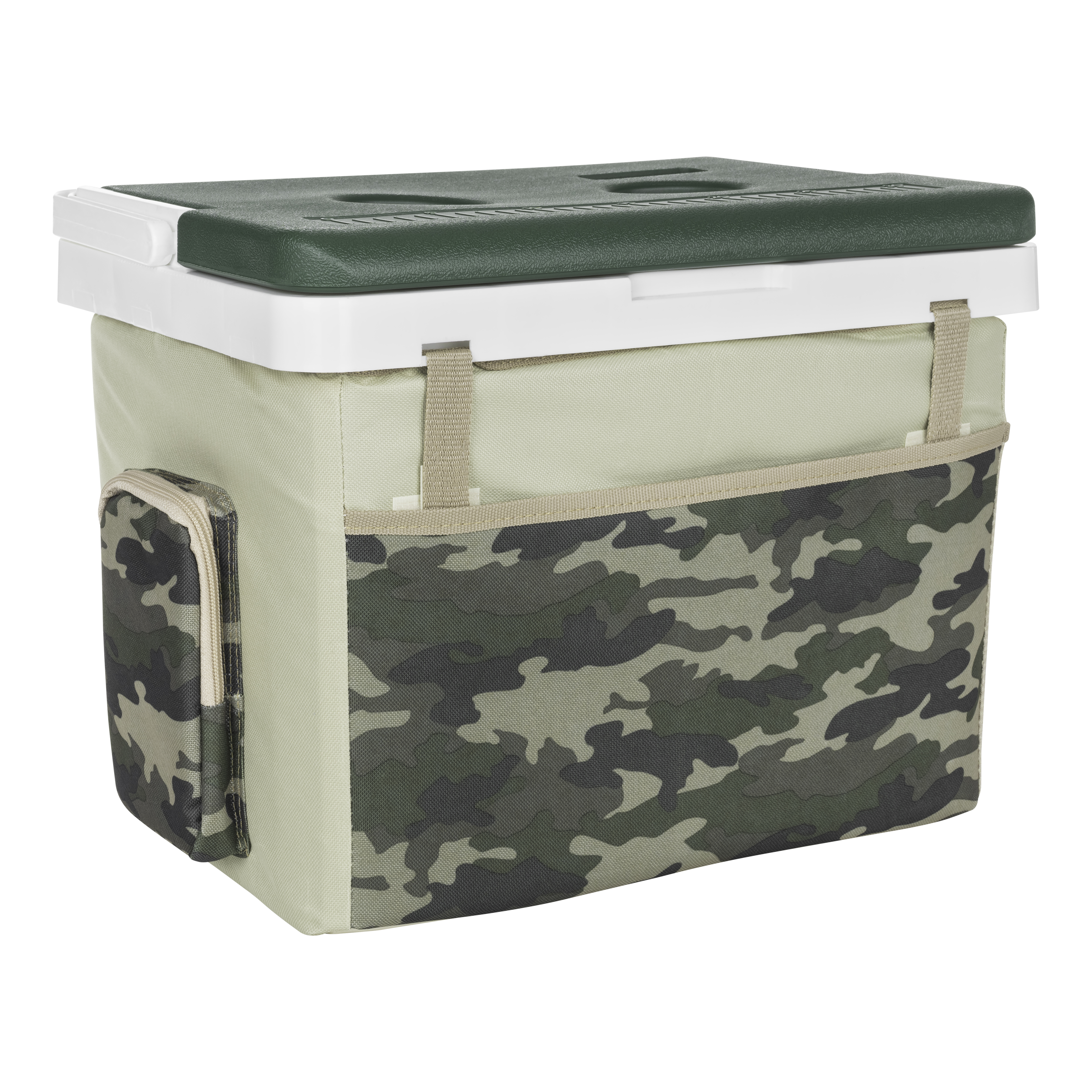 Zielono-biała lodówka turystyczna z kieszeniami i paskami moro.