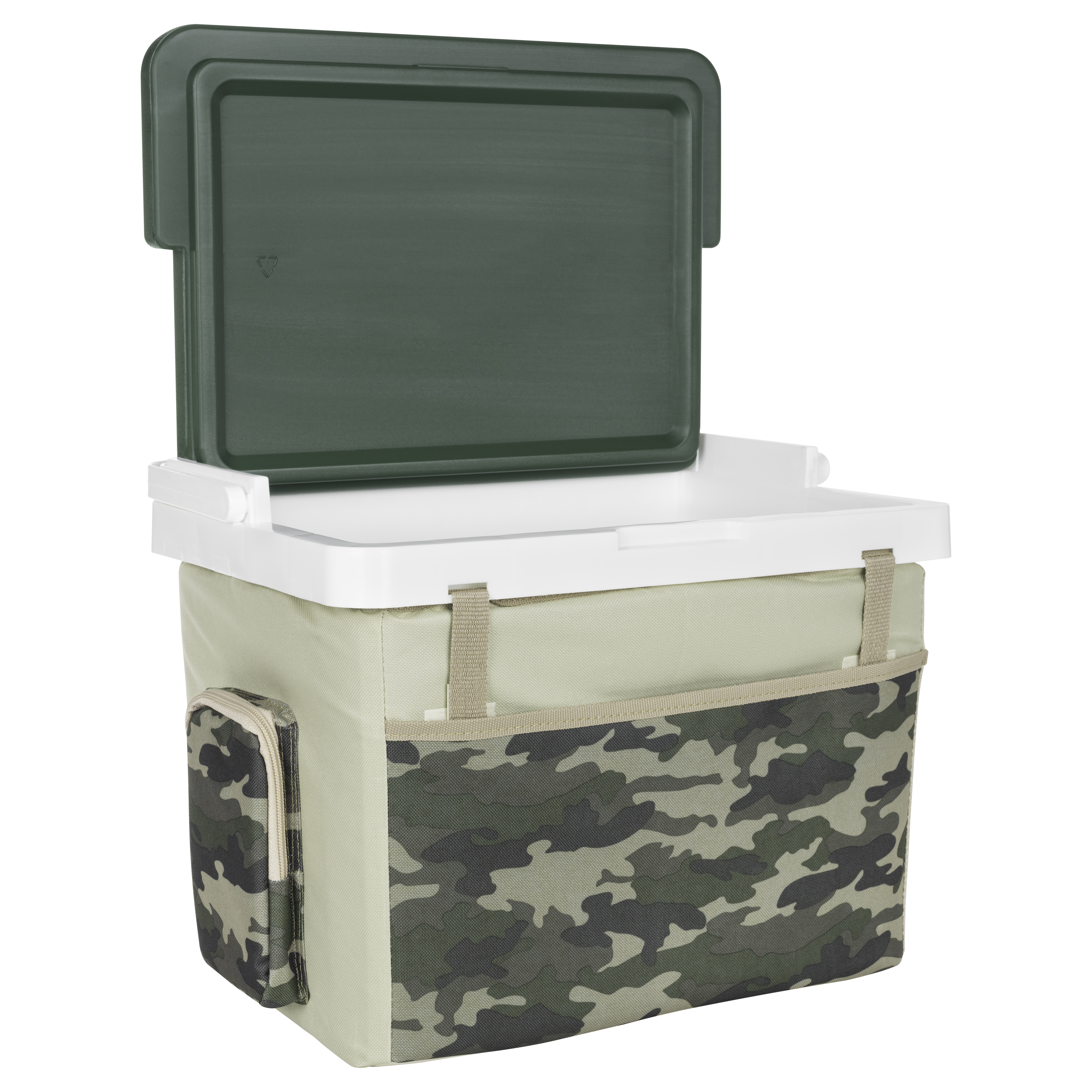 Beżowa torba chłodząca z kamuflażem i otwartą zieloną pokrywą.