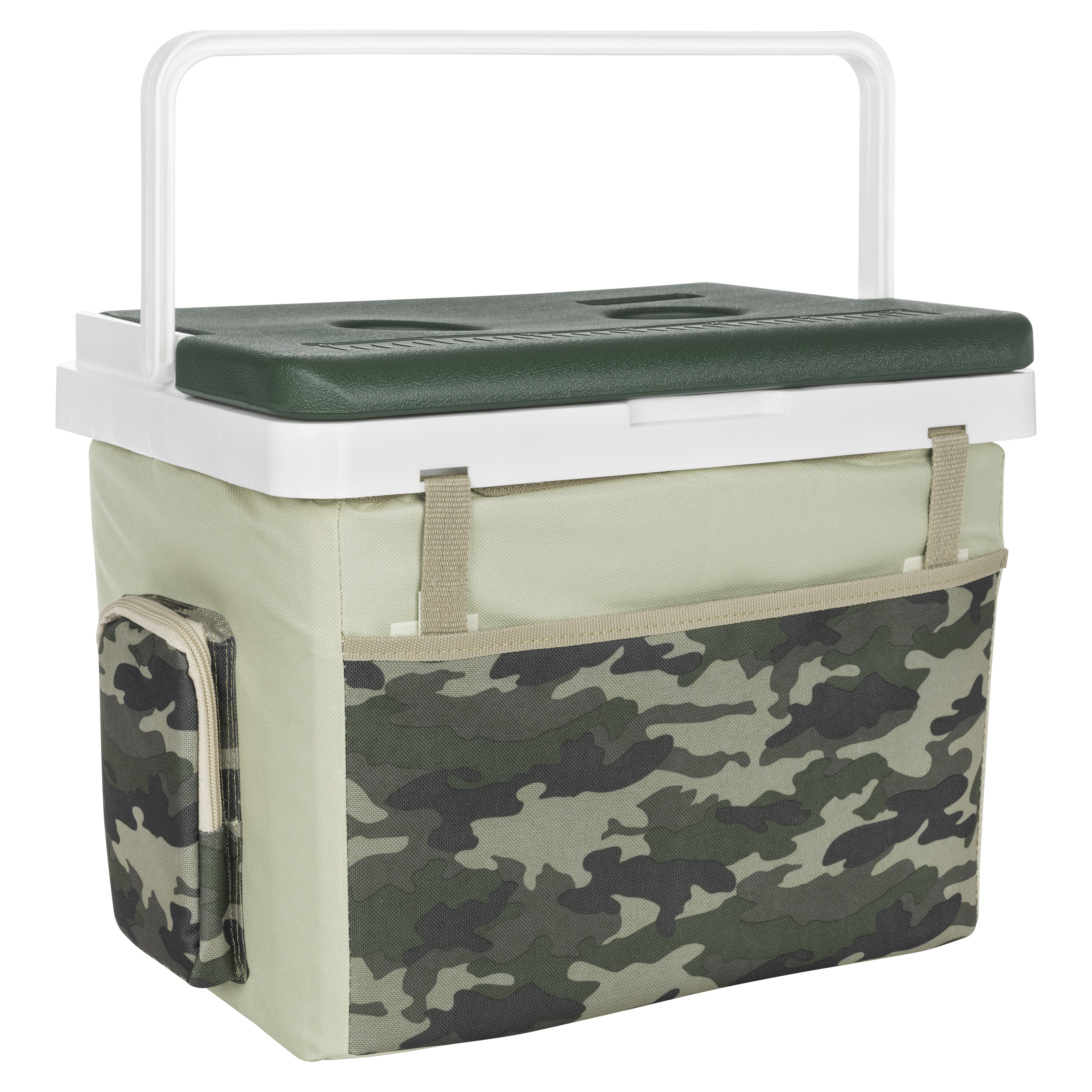 Torba chłodząca z wzorem moro, białym uchwytem i otwieraną pokrywą.