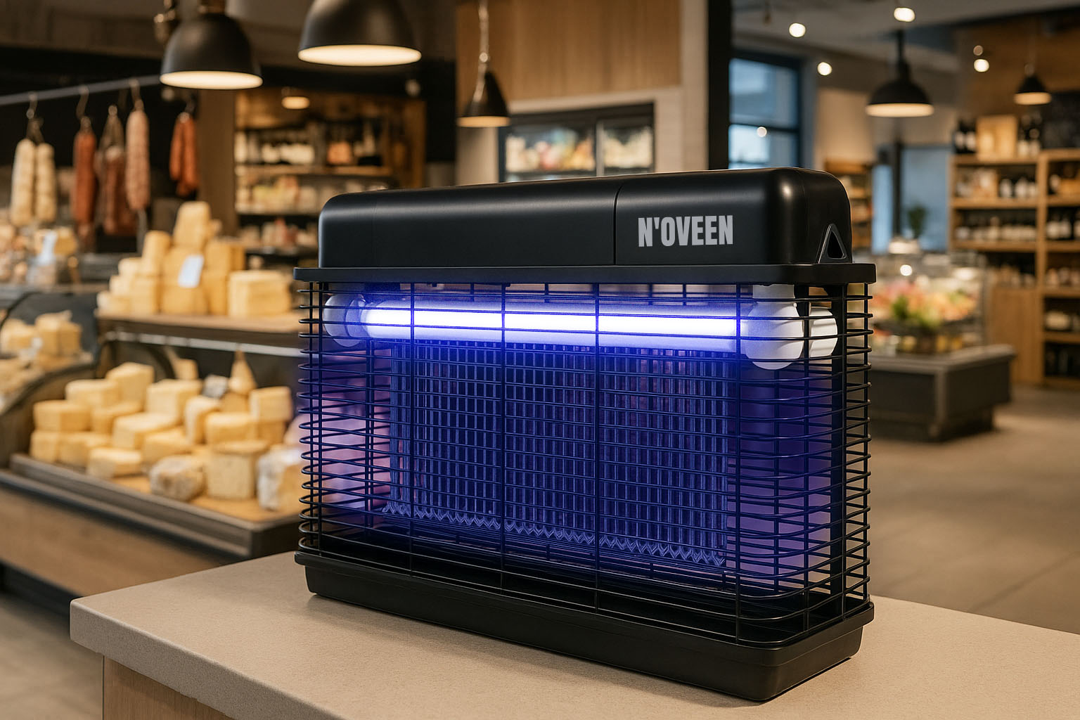 Czarny zabójca owadów z niebieskim światłem UV stoi na stole.