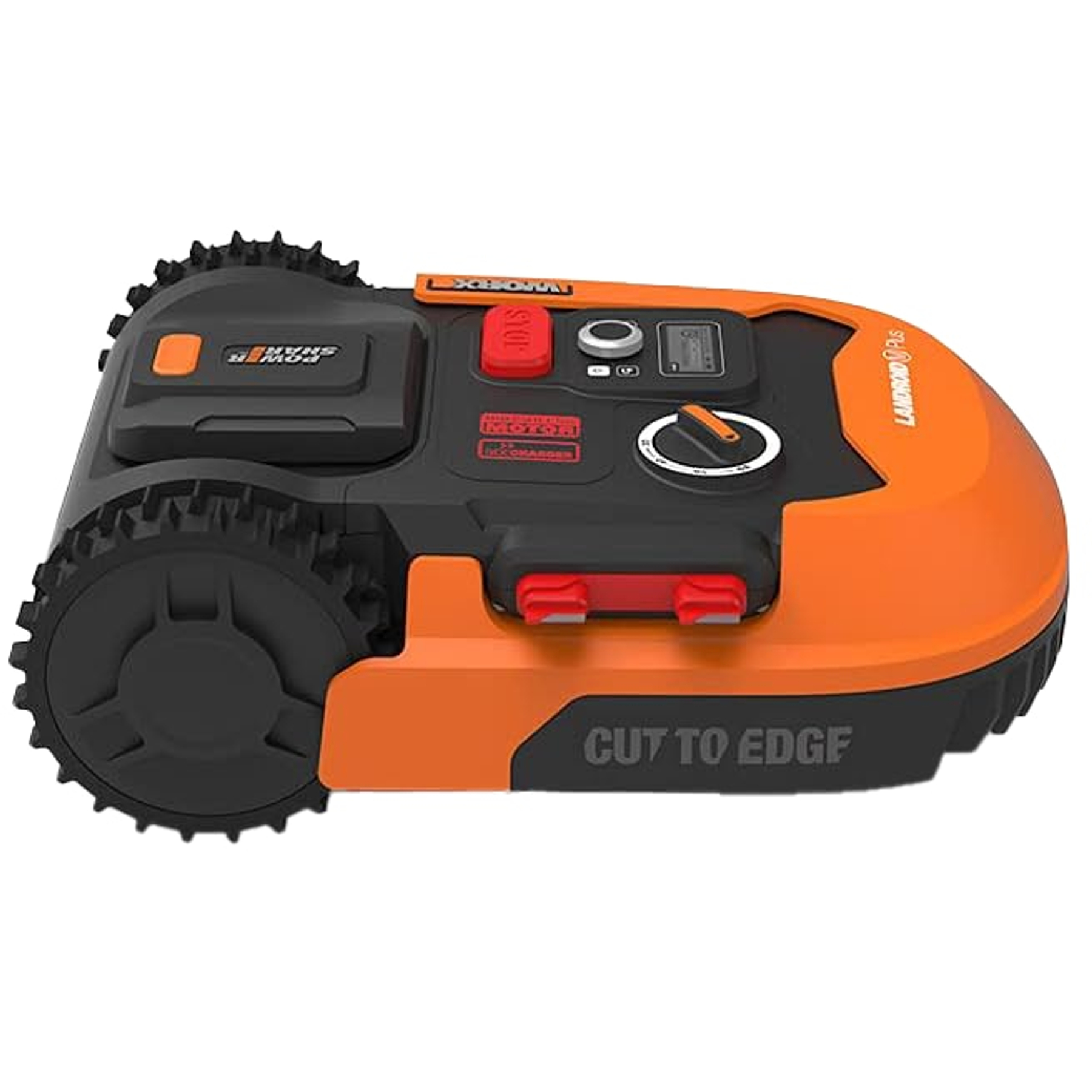 An orange and black robotic lawn mower with wheels and buttons.