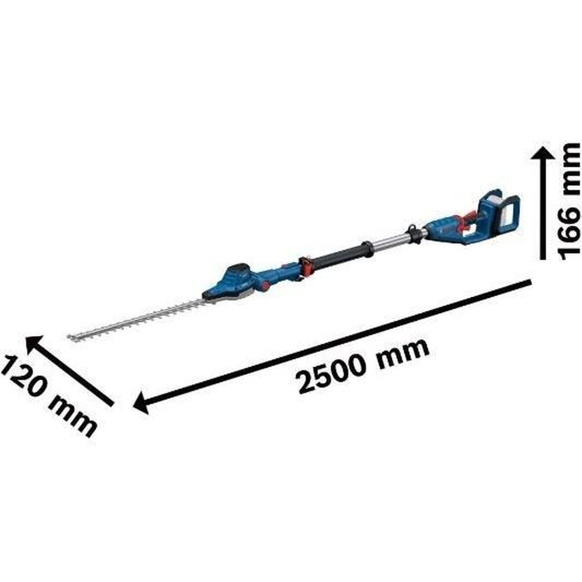 Ein blauer Heckenscherer mit einer langen Stange, 2500 mm lang.