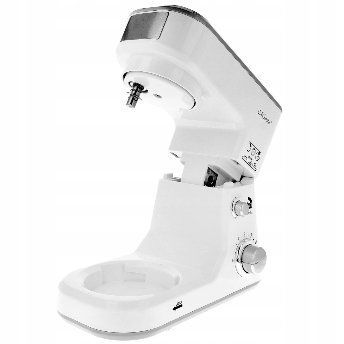 Biały robot kuchenny ze srebrnymi akcentami, na białym tle.