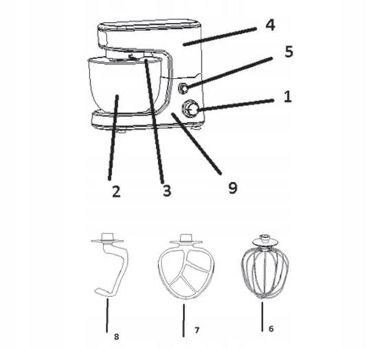 Robot kuchenny z misą, hakiem do ciasta, trzepaczką i mieszadłem.