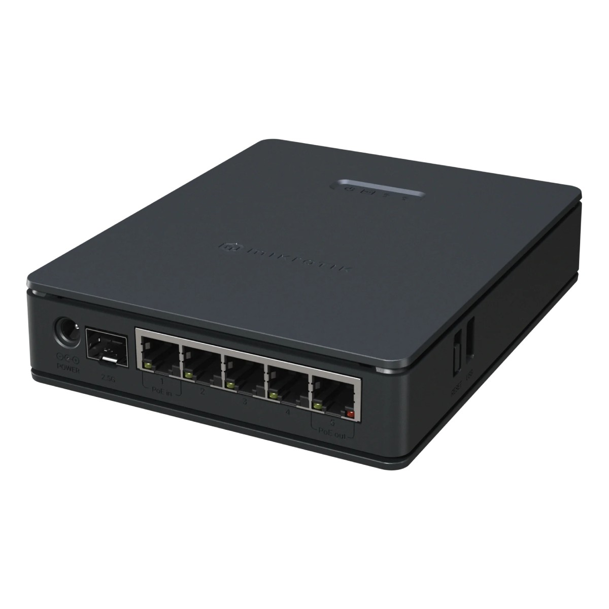Uno switch di rete scuro con cinque porte e una porta USB laterale.