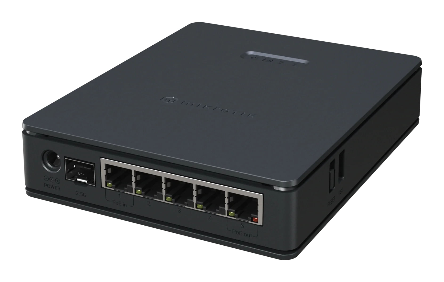 Un router Mikrotik scuro con 5 porte Ethernet e porte USB.