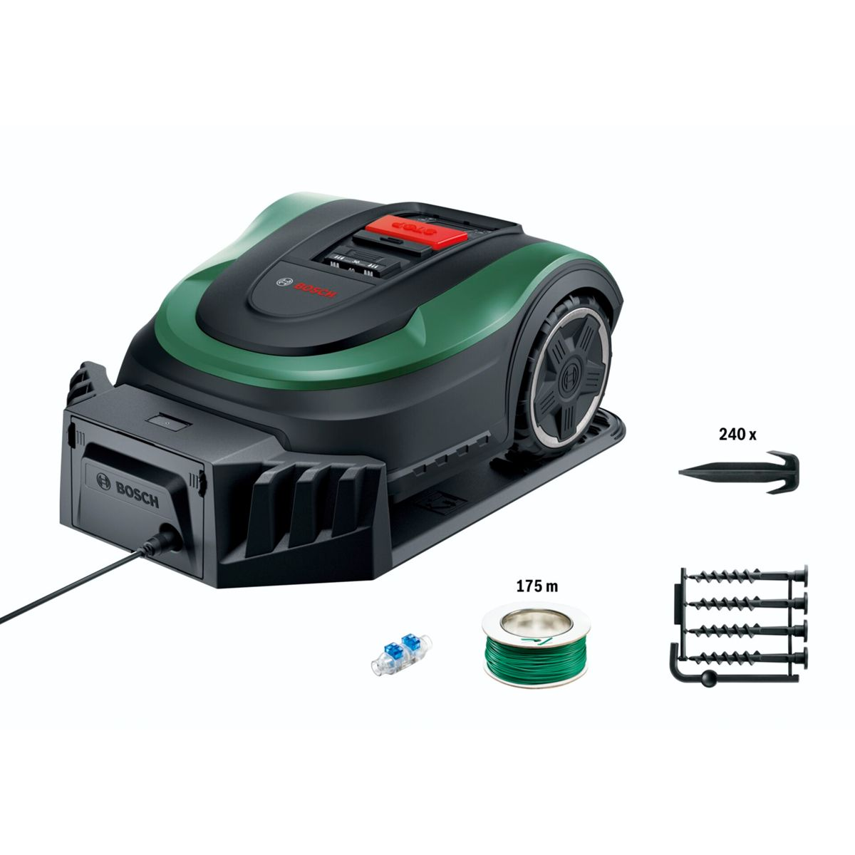 Ein grüner Bosch Mähroboter mit Zubehör wie Kabel und Erdspießen.