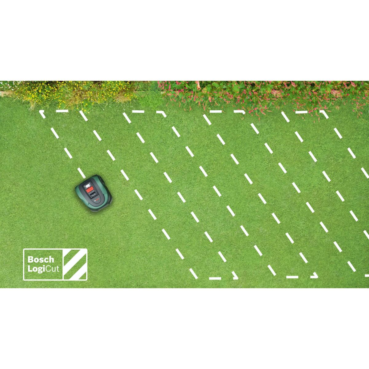 Ein Mähroboter auf einem Rasen mit weißen gestrichelten Linien.