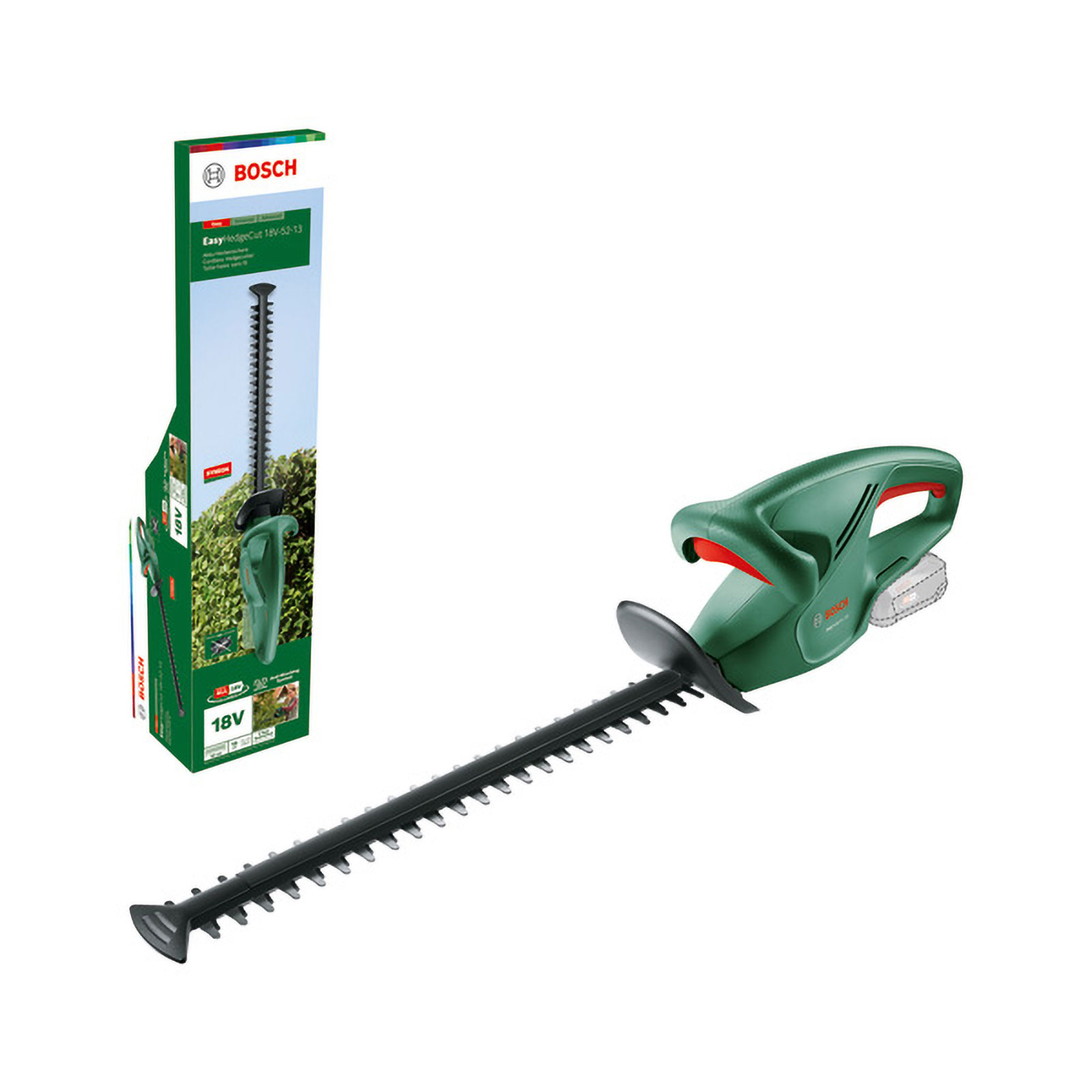 Grüner Bosch Heckenschneider mit schwarzer Klinge und Verpackung.