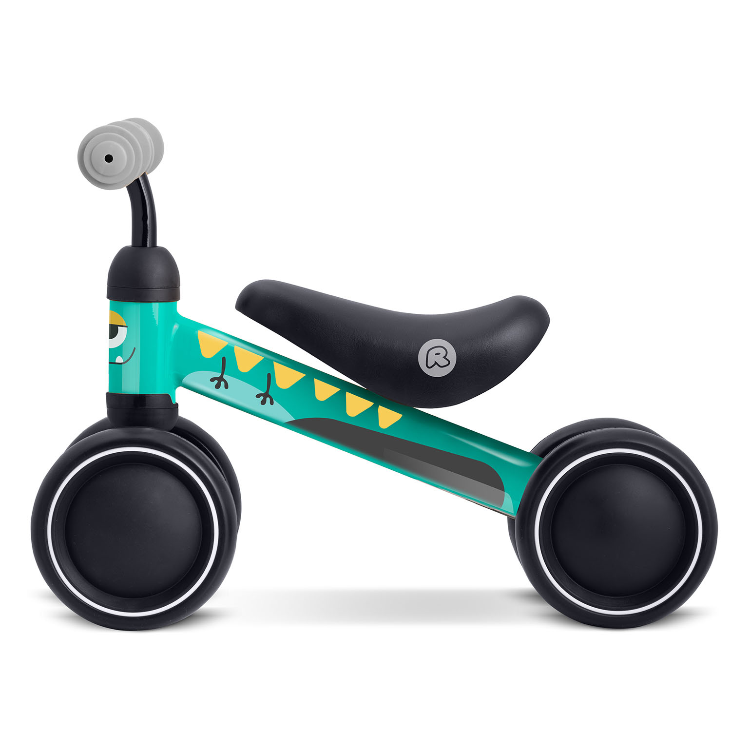 Turkusowy rowerek biegowy z zabawną potworną twarzą i żółtymi trójkątami.