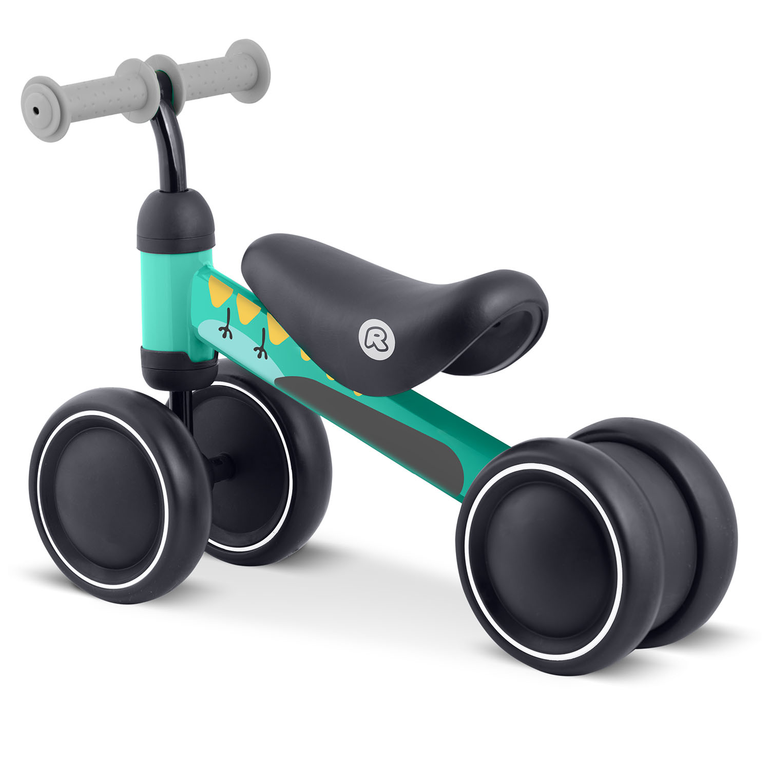 Turkusowy rowerek biegowy z czarnymi kołami i motywem dinozaura.