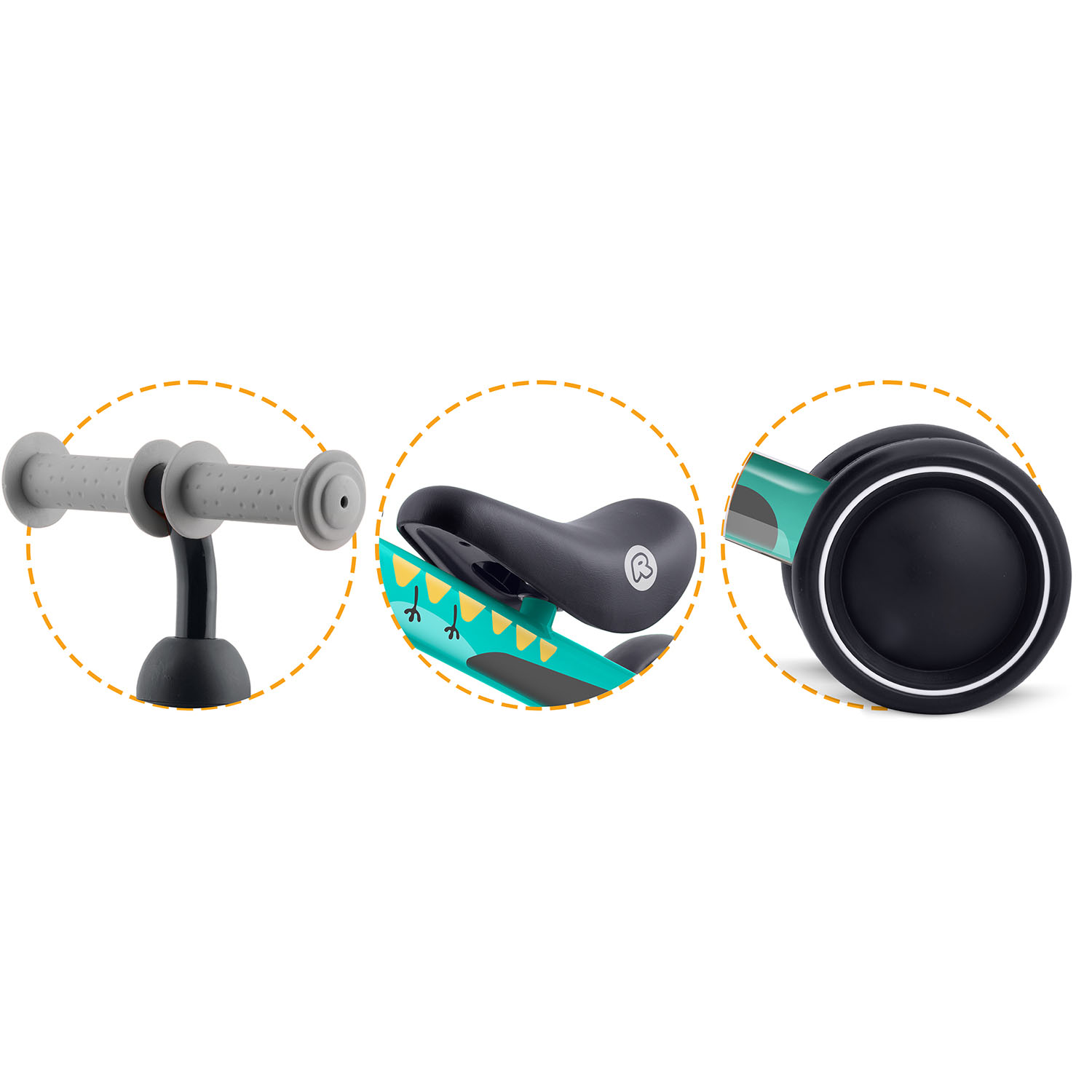 Kierownica, siodełko i koło turkusowego roweru biegowego z motywem dinozaura.