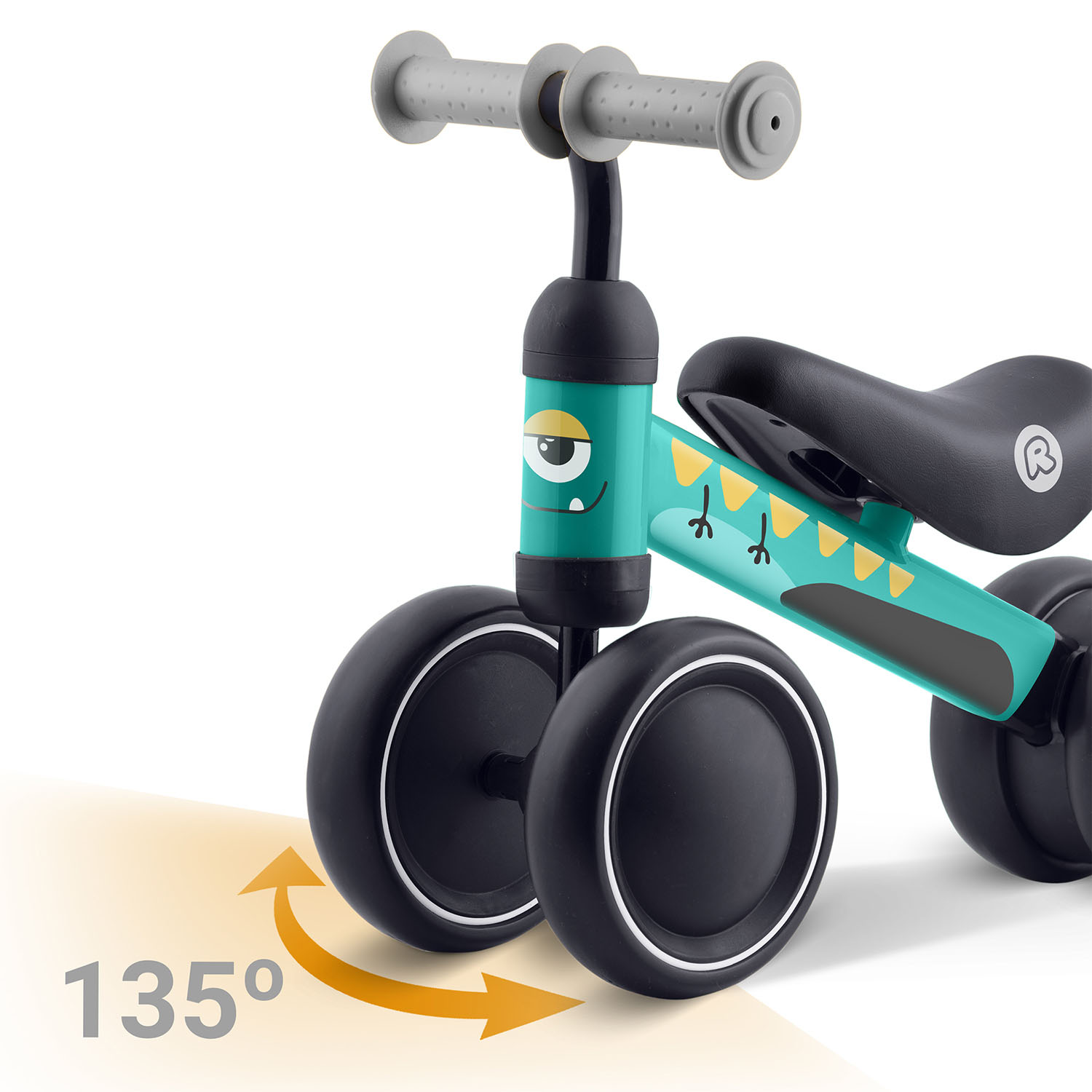 Błękitny rowerek biegowy z potworem, ogranicznik skrętu 135°.