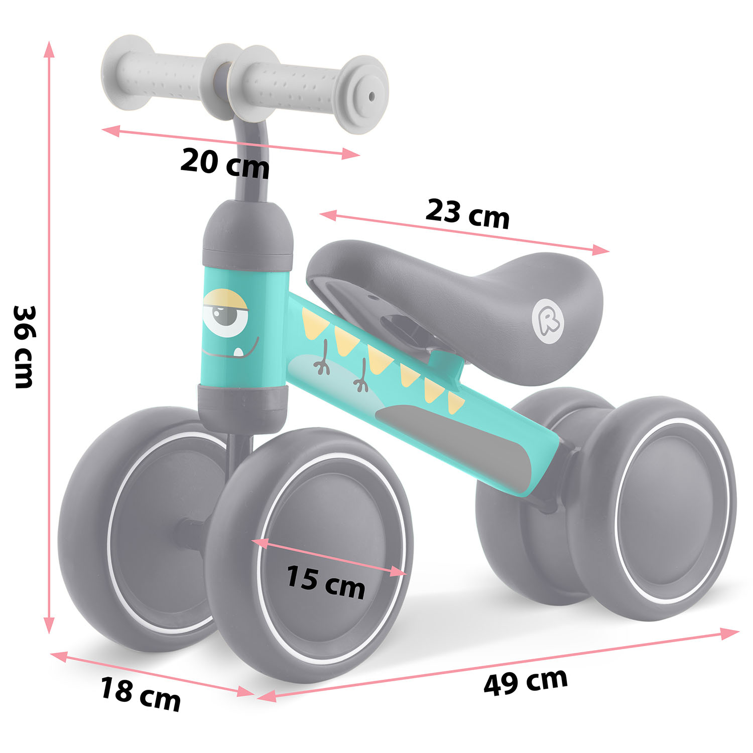 Turkusowy rowerek biegowy dla dzieci z zabawną potworną buzią i oznaczeniami wymiarów.