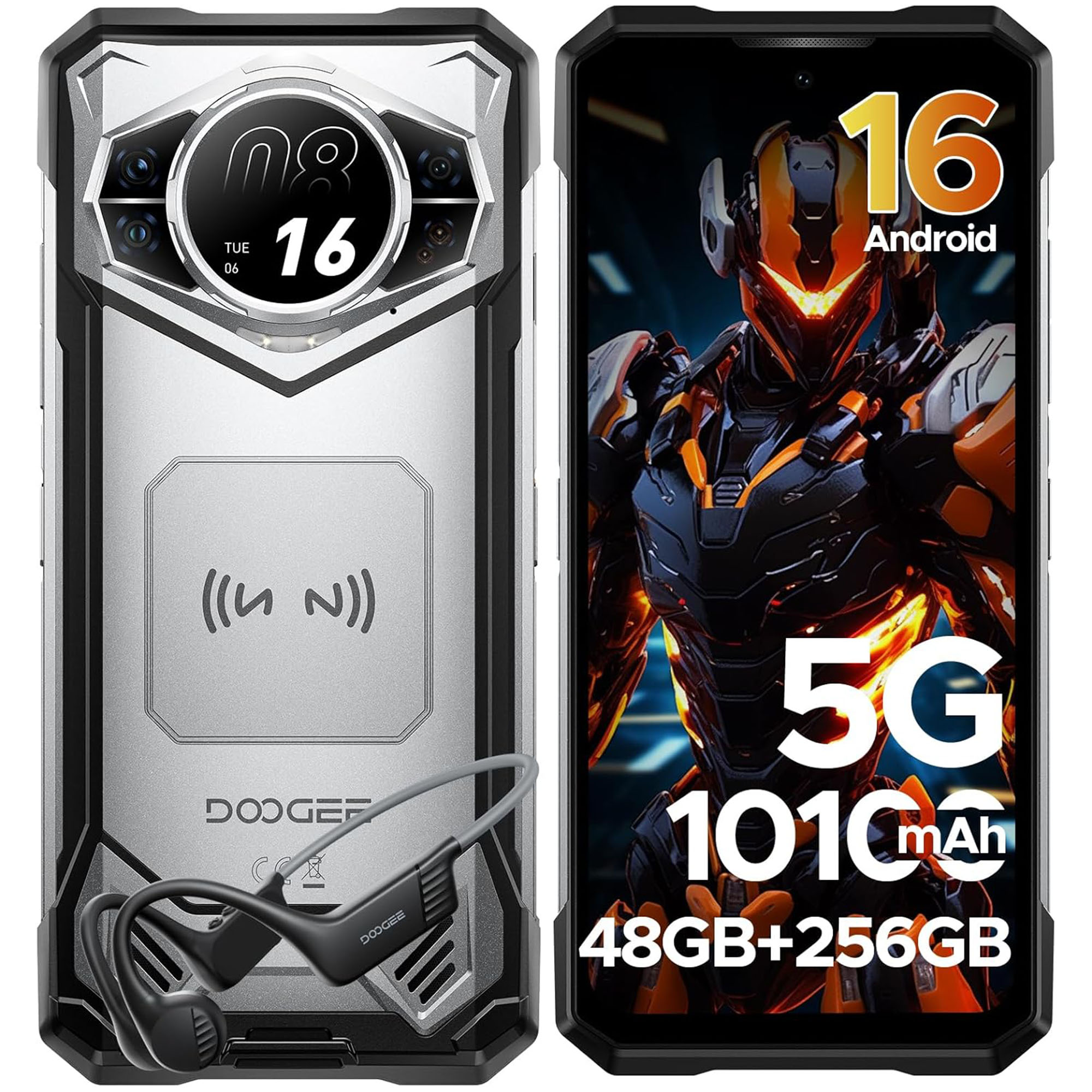 Ein robustes Smartphone mit rückseitiger Kamera und Ladeanzeige, daneben ein Bildschirm mit Roboterdesign.