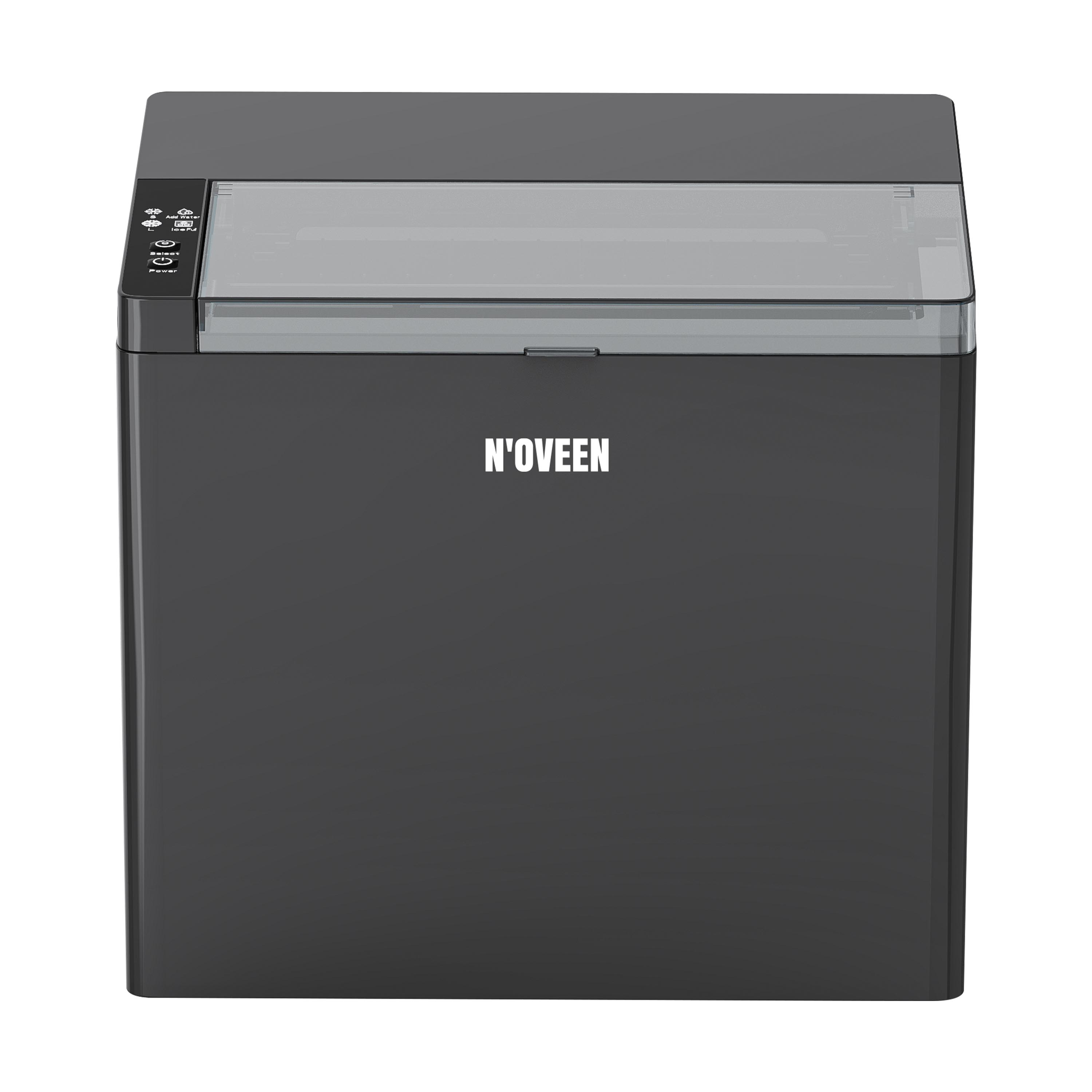 Ciemna kostkarka do lodu z przezroczystą pokrywą i przyciskami sterowania.