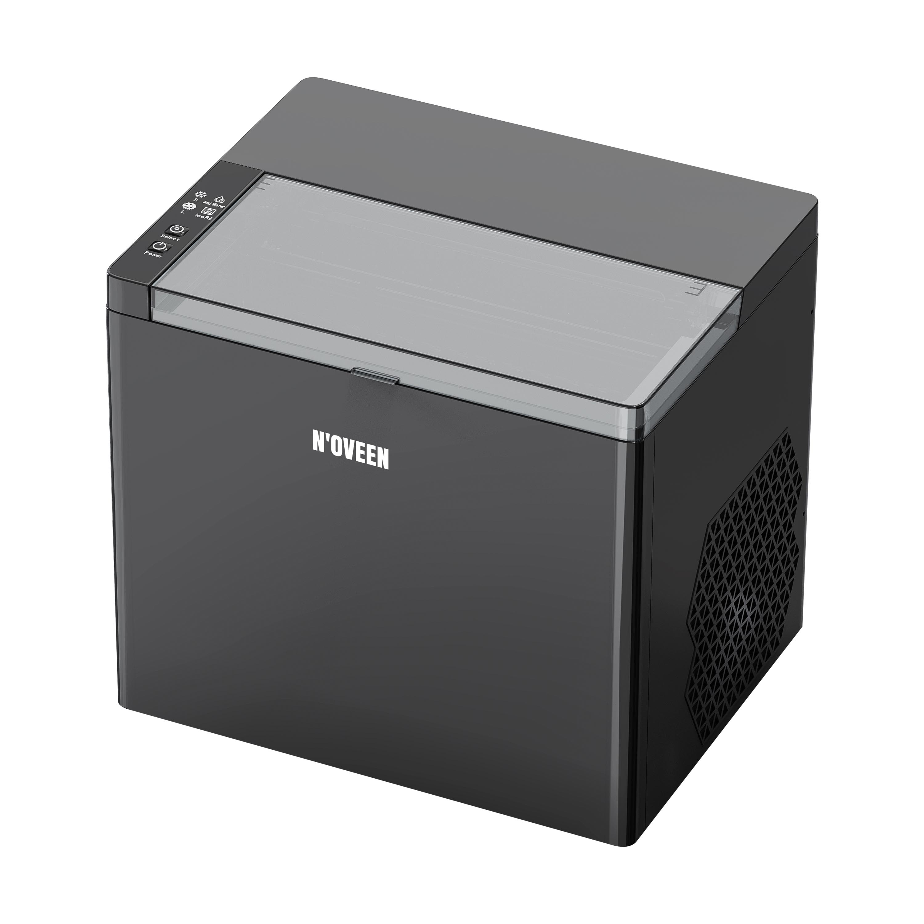 Czarna kostkarka do lodu z przezroczystą pokrywą i panelem sterowania.