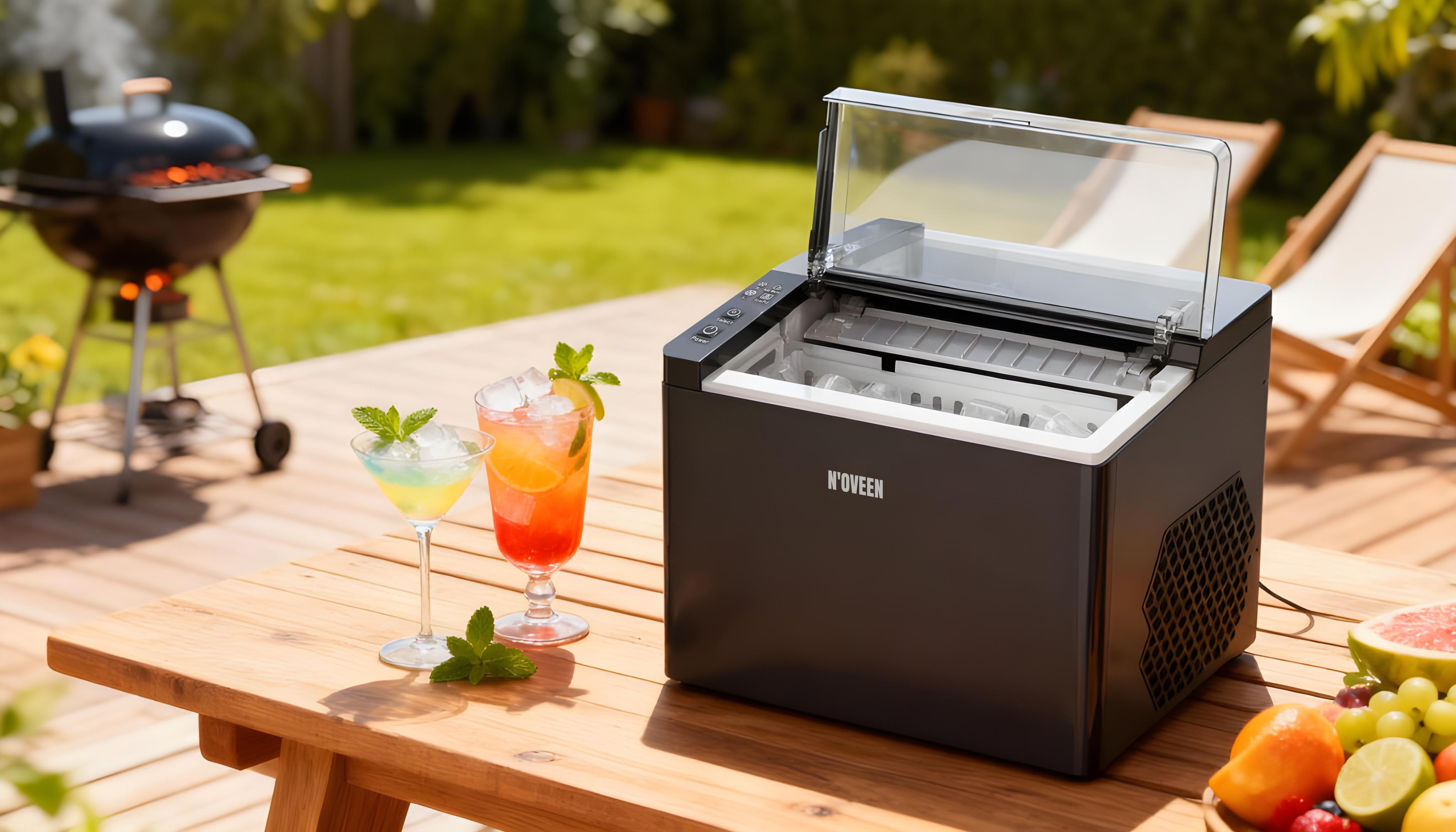 Kostkarka do lodu na drewnianym stole z dwoma koktajlami i owocami w ogrodzie.