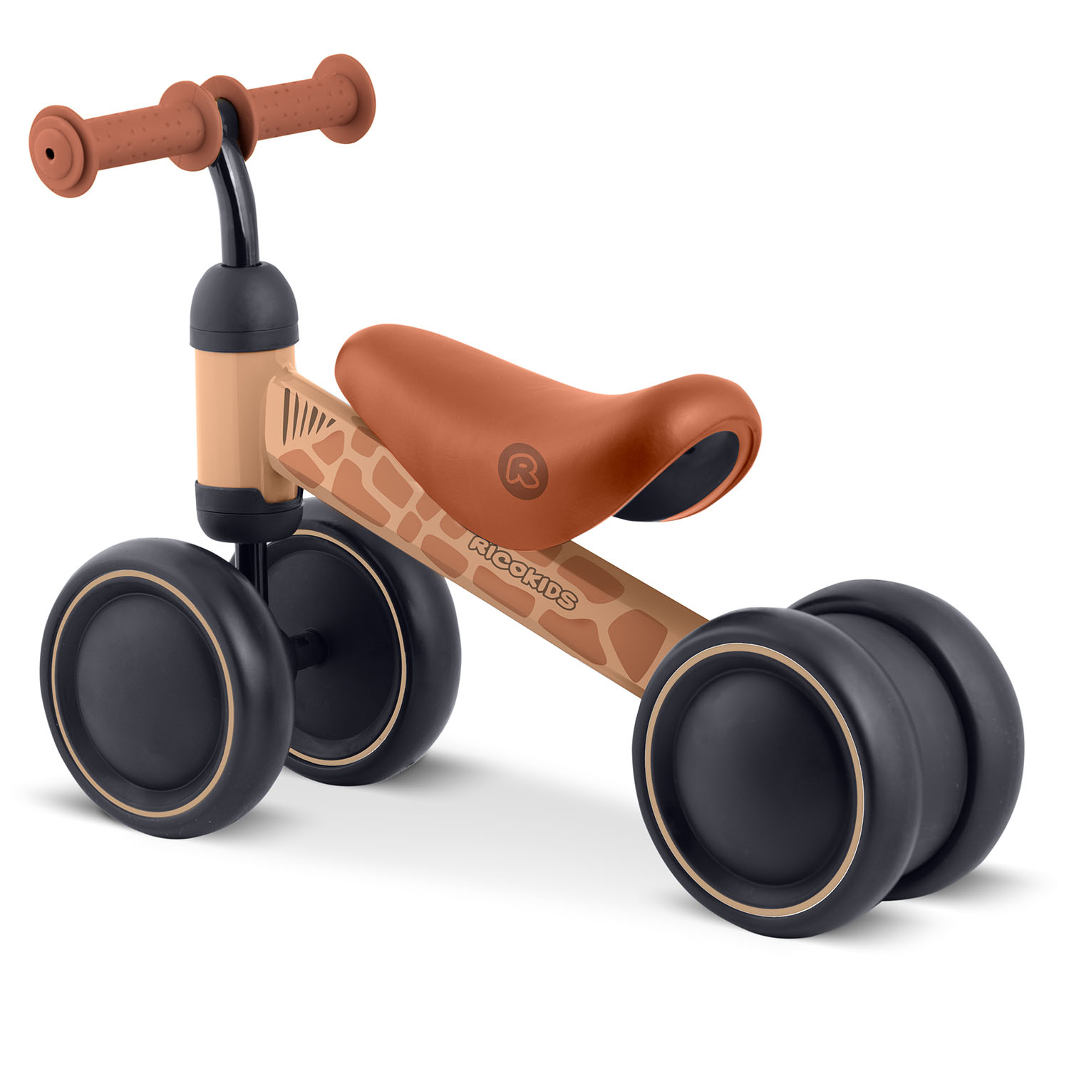 Rowerek biegowy dla dzieci z brązowym siodełkiem i ramą w żyrafę.