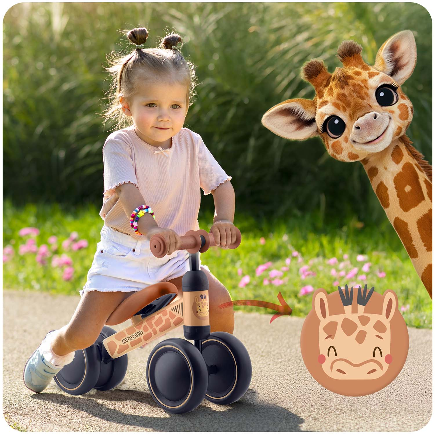 Dziewczynka jedzie na rowerku biegowym z ilustracją żyrafy.