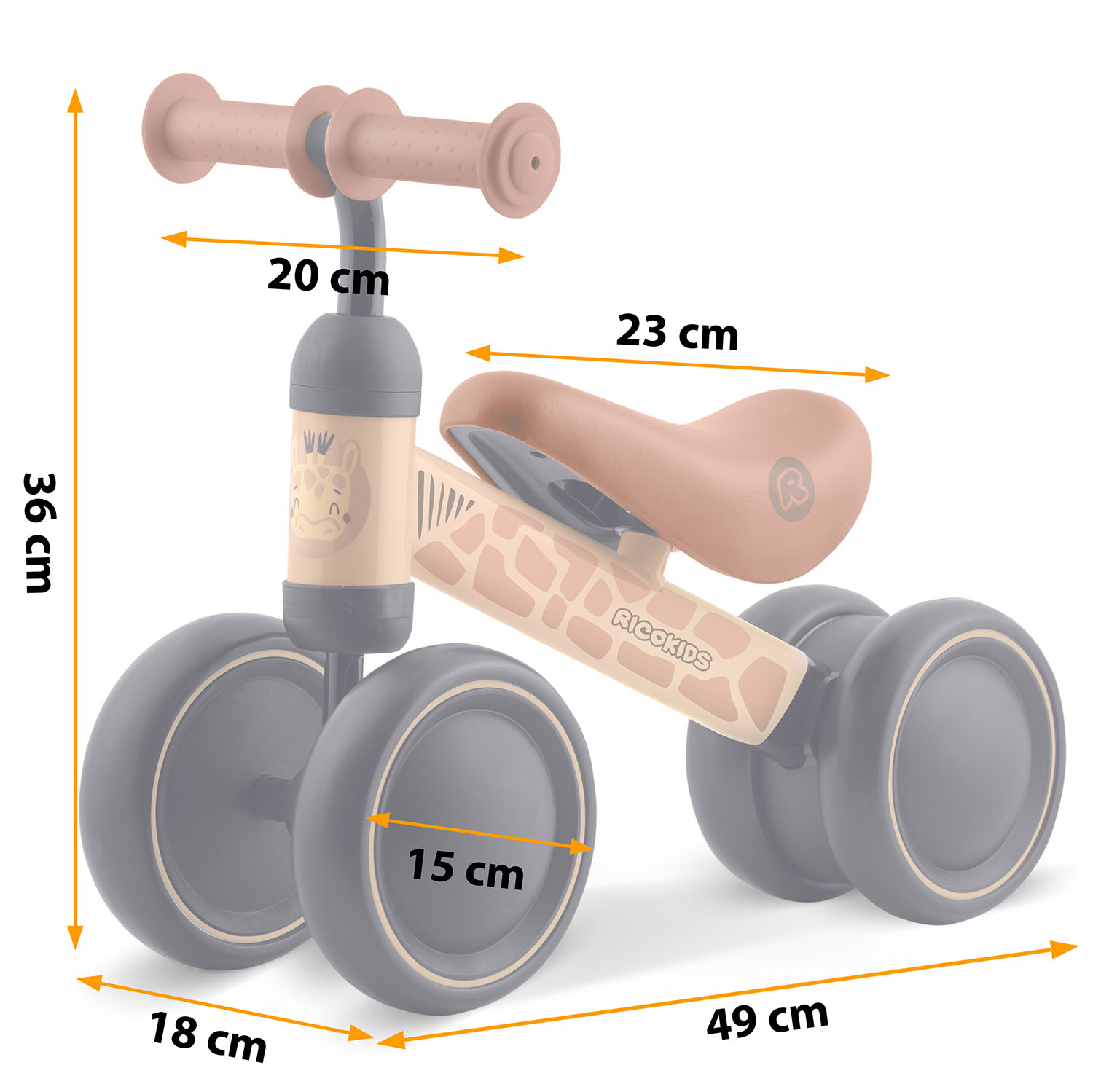 Biegówka z motywem żyrafy, podano wymiary.