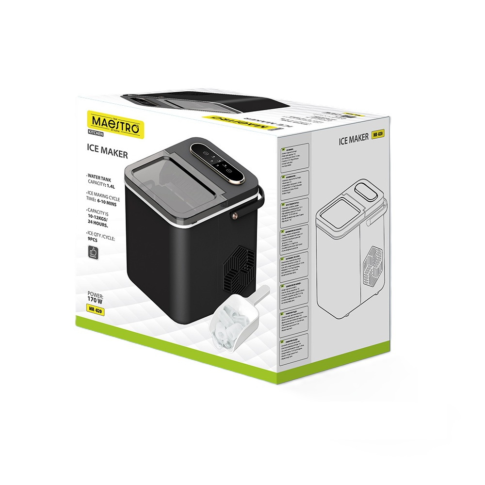 Czarna kostkarka do lodu z łopatką do lodu i informacjami o produkcie na pudełku.