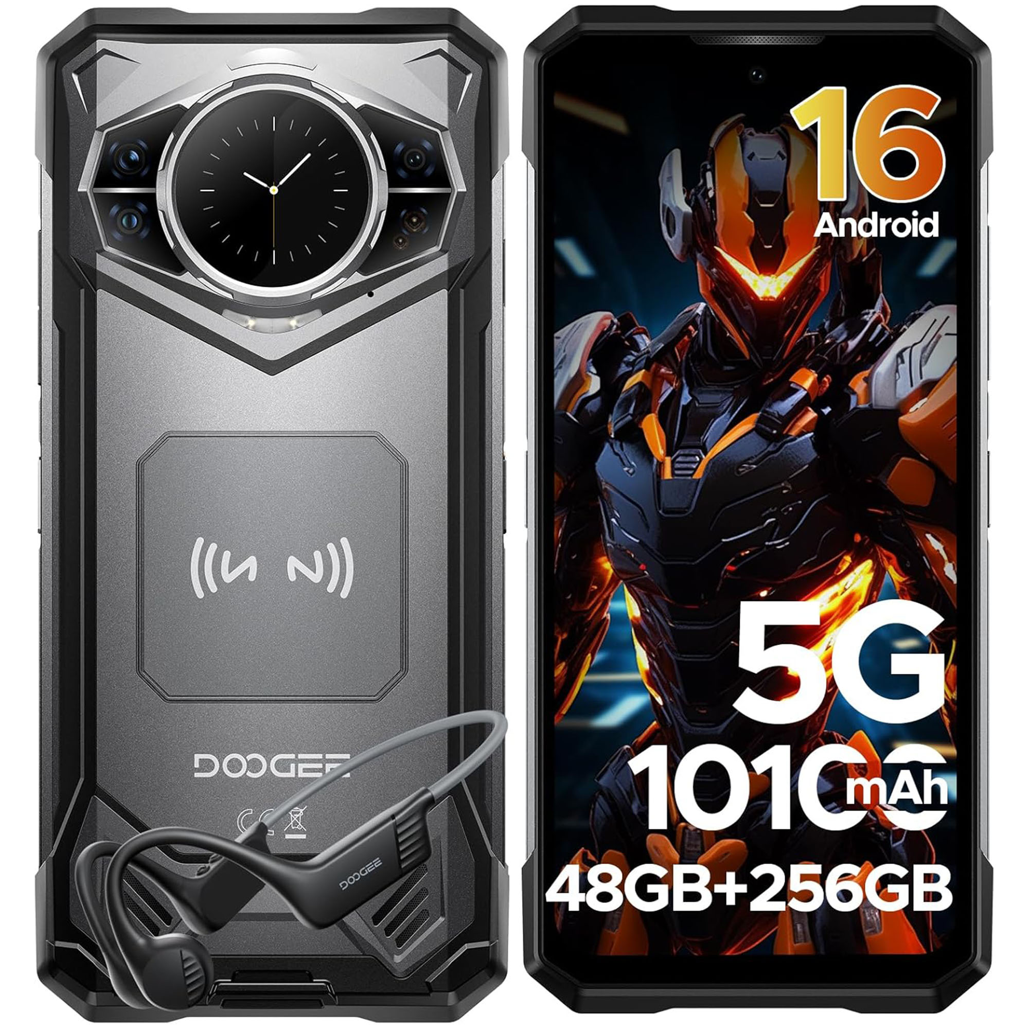 Robustes Smartphone mit Kopfhörern. Rückseite hat Kameras und ein Zifferblatt.