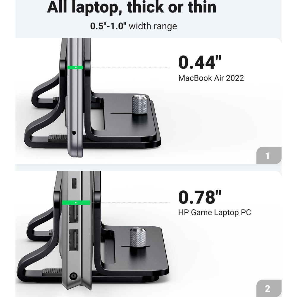Laptopy na stojakach: MacBook Air 0,44", HP Game Laptop 0,78".