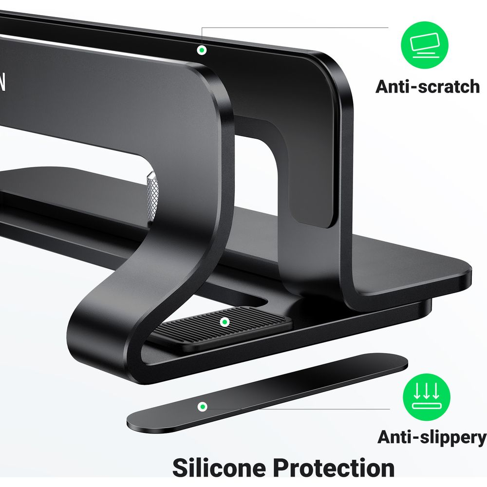 Czarny stojak na laptopa z antypoślizgową i antyrysową osłoną silikonową.