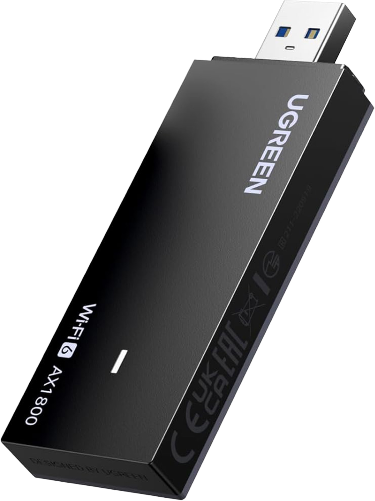 Czarny adapter USB UGREEN WiFi 6 AX1800 z złączem USB 3.0 i oznaczeniami produktu.