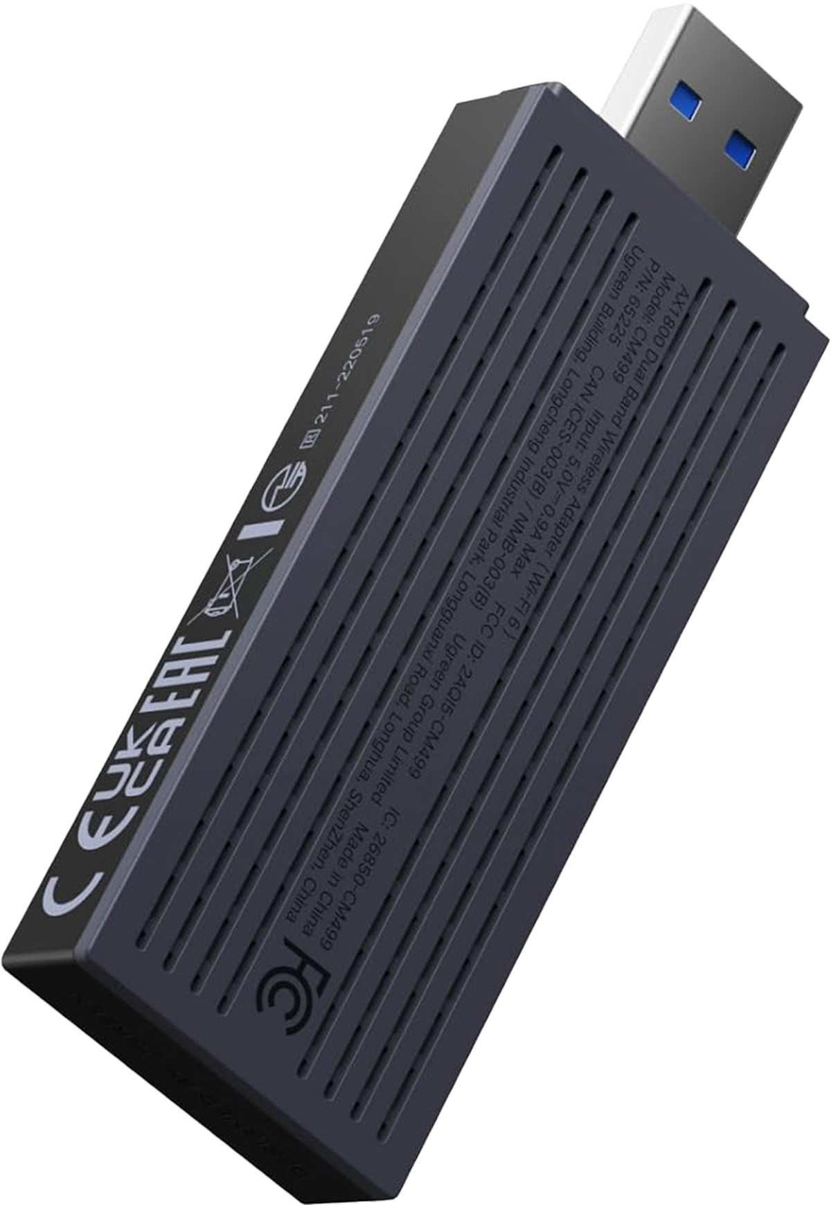 Ciemny adapter Wi-Fi USB z napisem i niebieskim złączem USB.