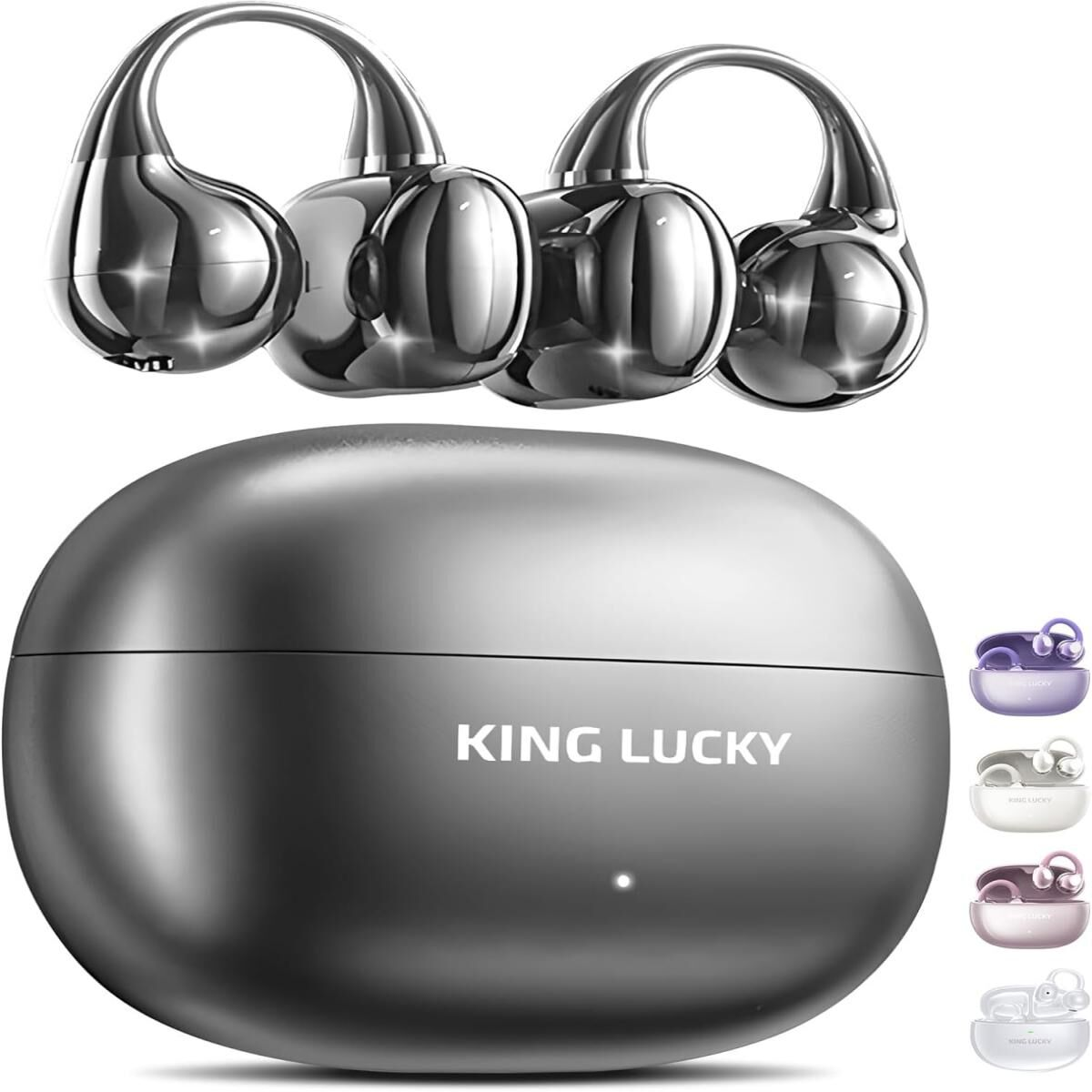 Custodia di ricarica argentata con logo King Lucky e quattro paia di auricolari argentati.