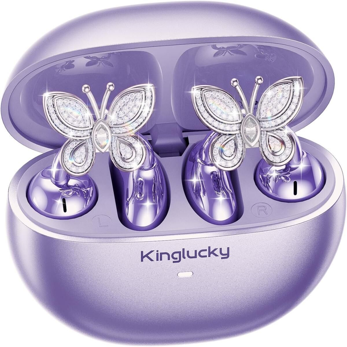 Auricolari viola con design a farfalla in una custodia di ricarica aperta.