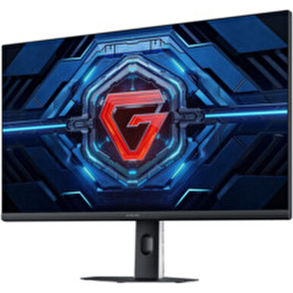 Monitor gamingowy z czerwonym logo "G" na niebieskim tle.