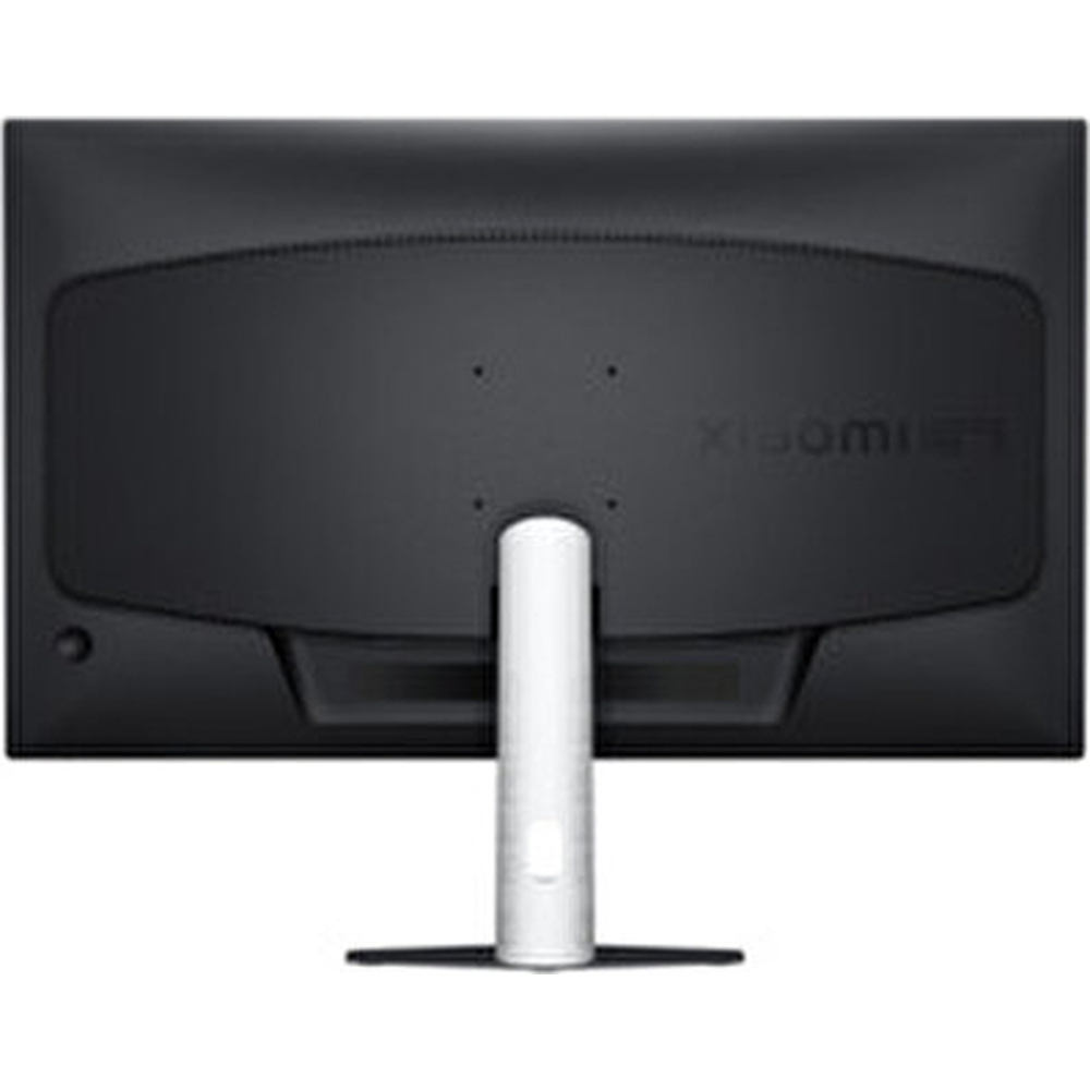 Tył czarnego monitora z białym stojakiem i logo Xiaomi.