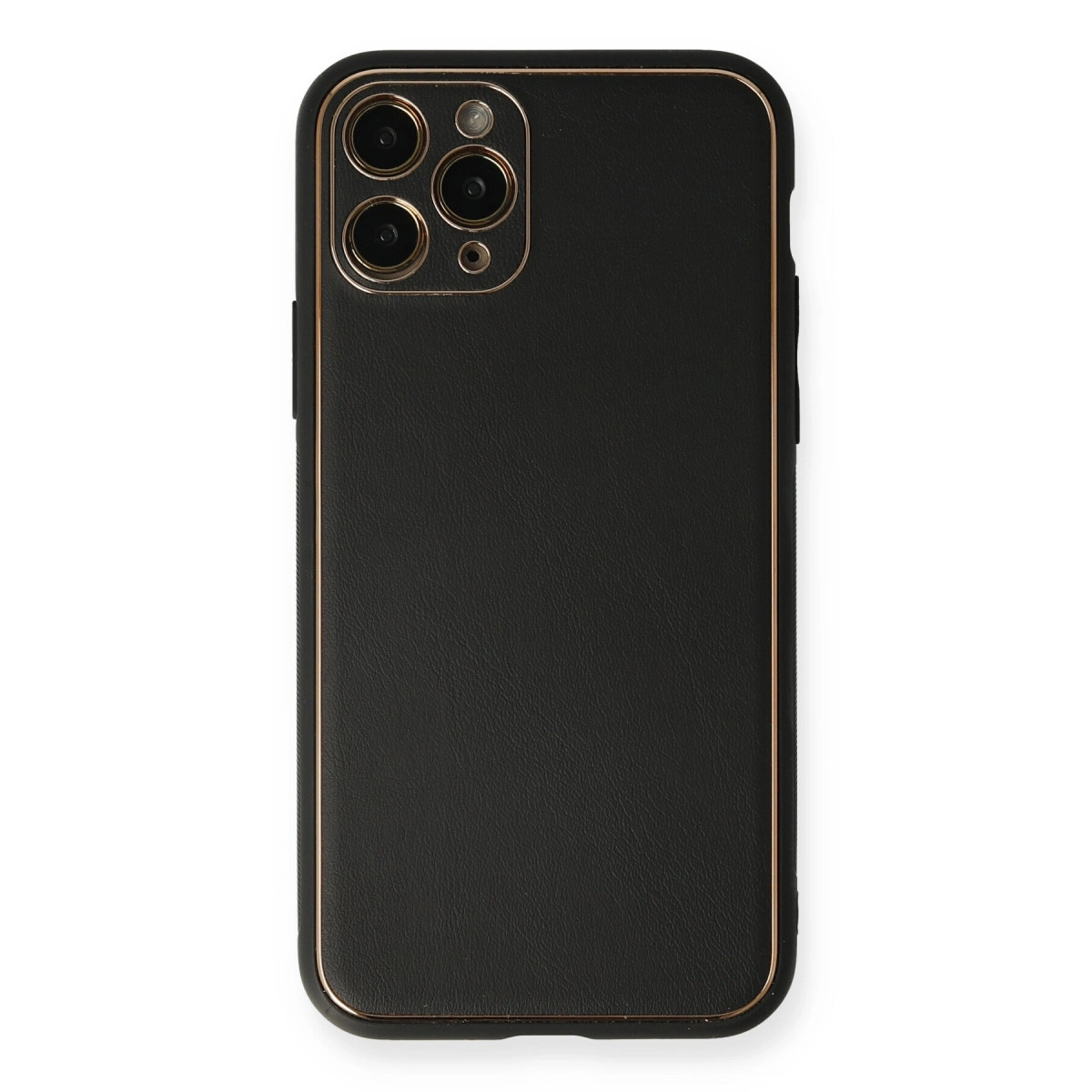 Kamera lensli ve altın kenarlıklı siyah telefon kılıfı.