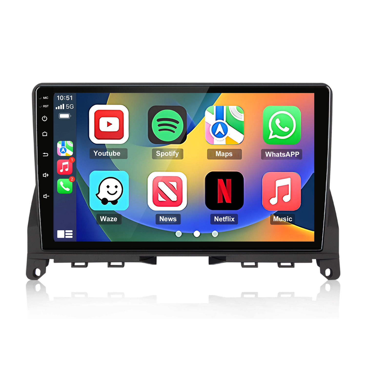 Auto-Infotainment-Bildschirm mit Apps: Youtube, Spotify, Maps, WhatsApp, Waze, News, Netflix, Musik.
