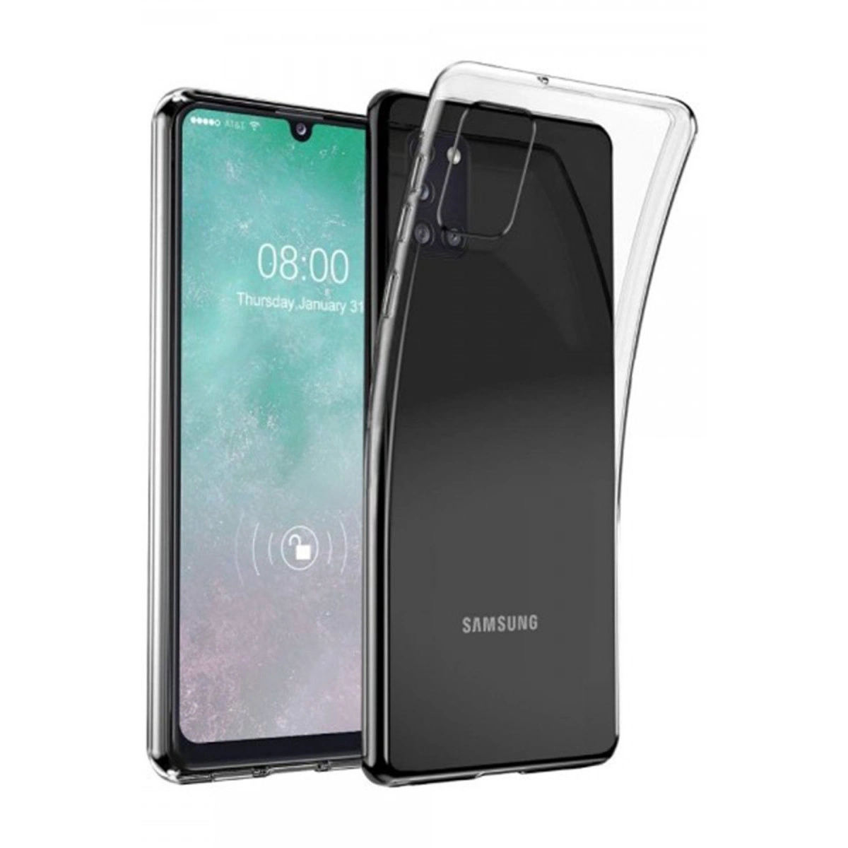 Siyah bir Samsung telefonun üzerinde şeffaf bir telefon kılıfı.