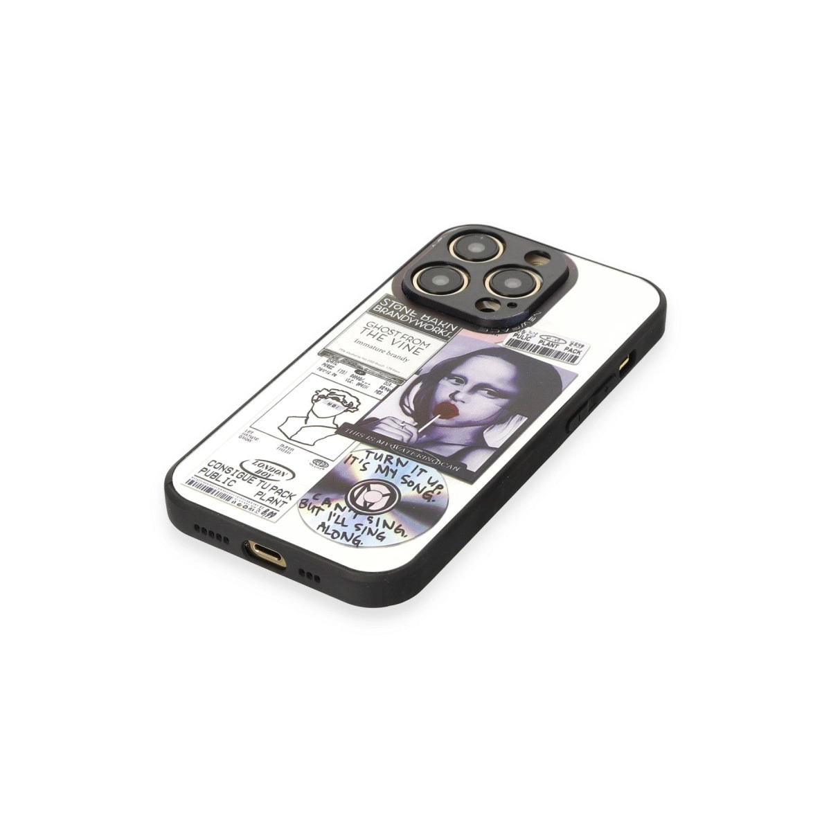 Mona Lisa ve metinli iPhone kılıfı. Beyaz zeminde bir iPhone.