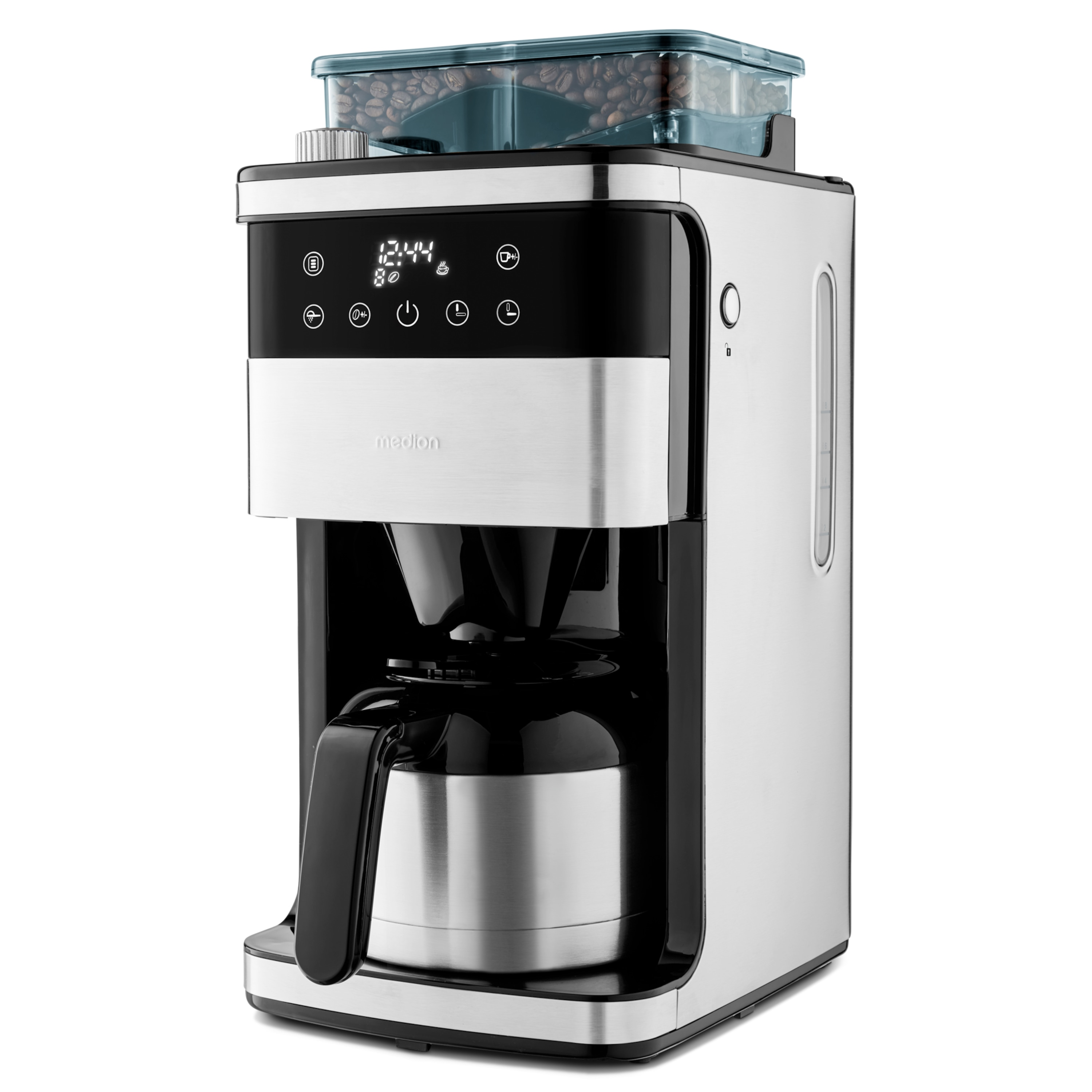 Stalowa ekspres do kawy z cyfrowym wyświetlaczem i pojemnikiem na ziarna.