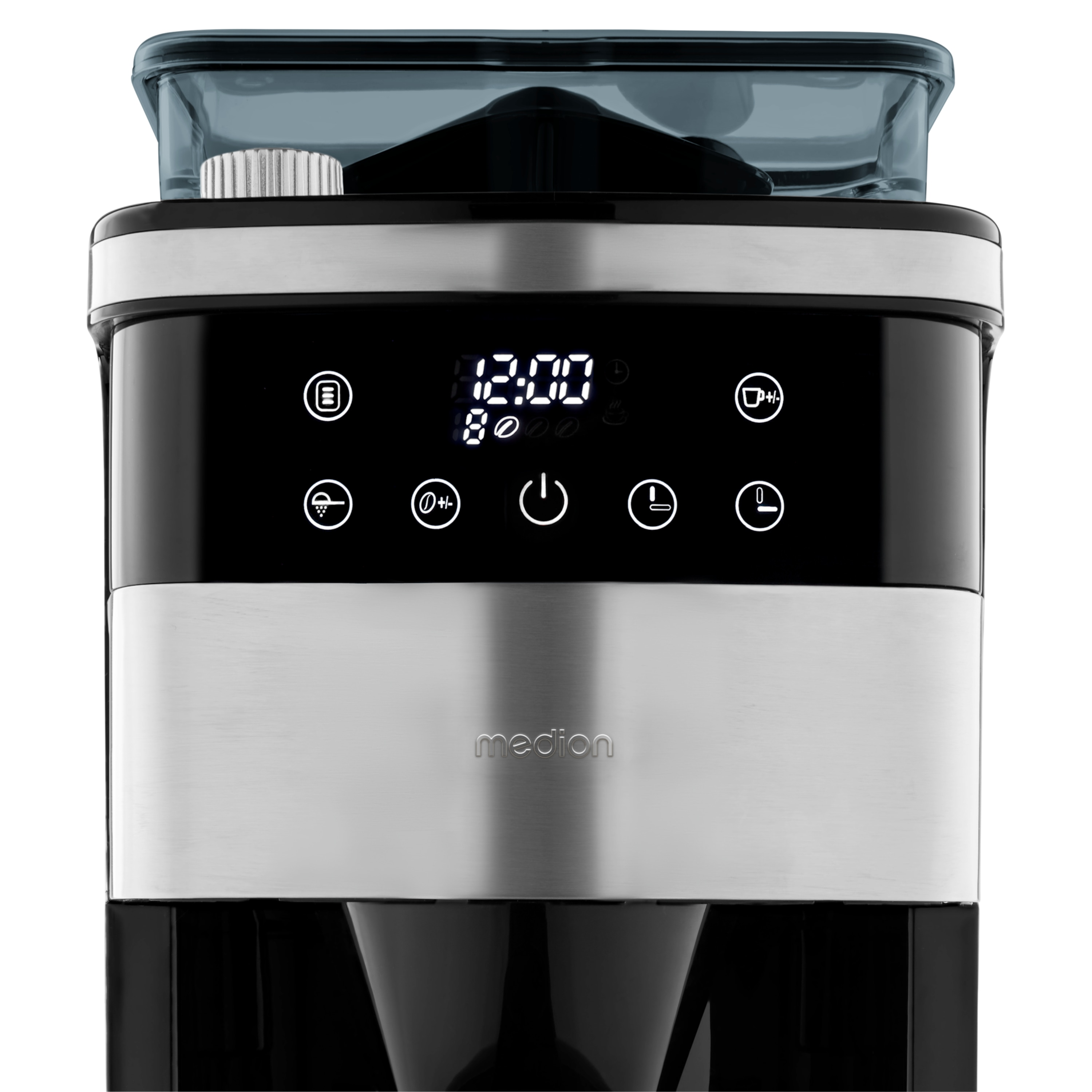 Czarny ekspres do kawy z cyfrowym wyświetlaczem i stalowymi detalami.